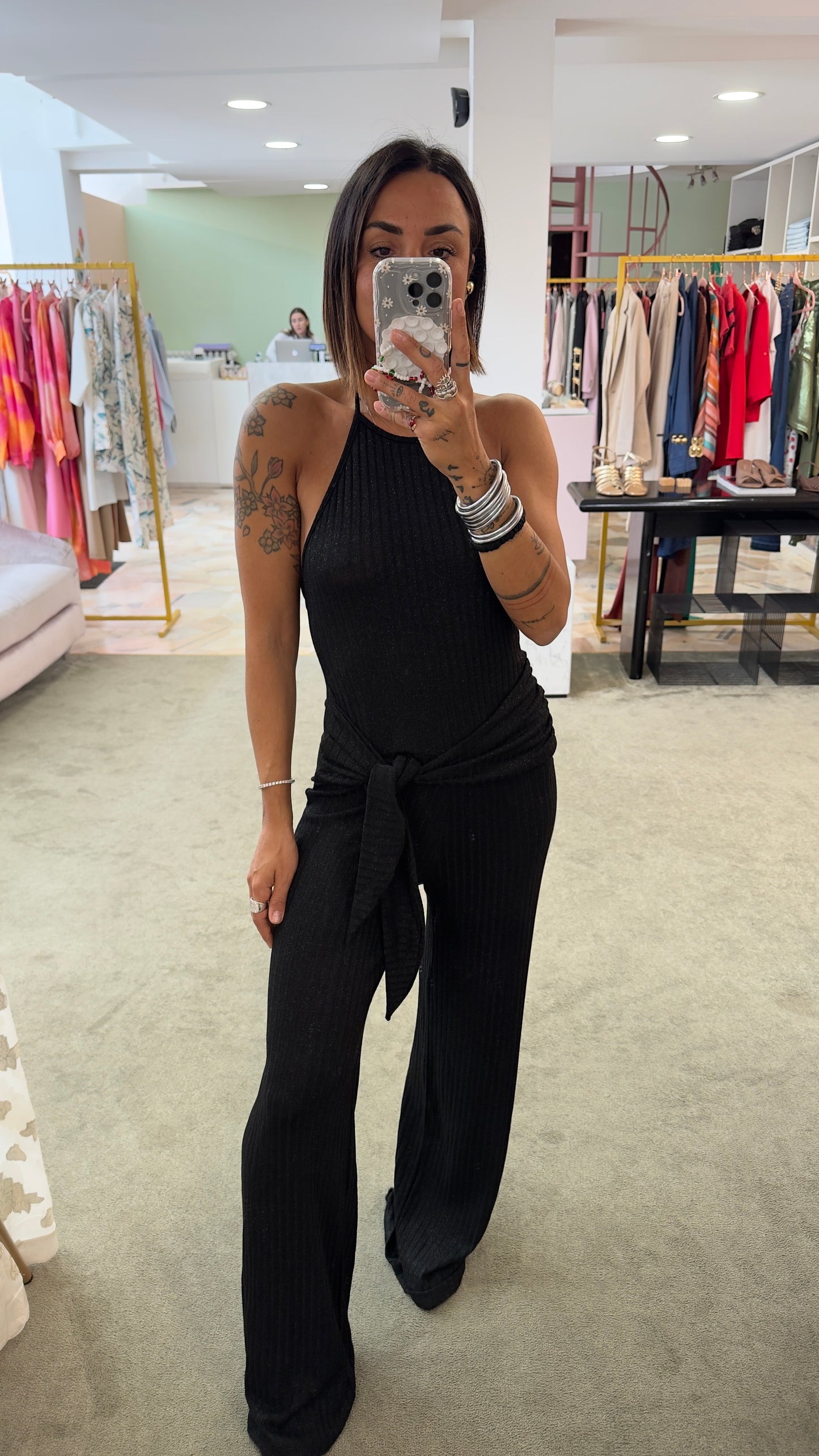 Jumpsuit nera in maglia a costine Cotazur