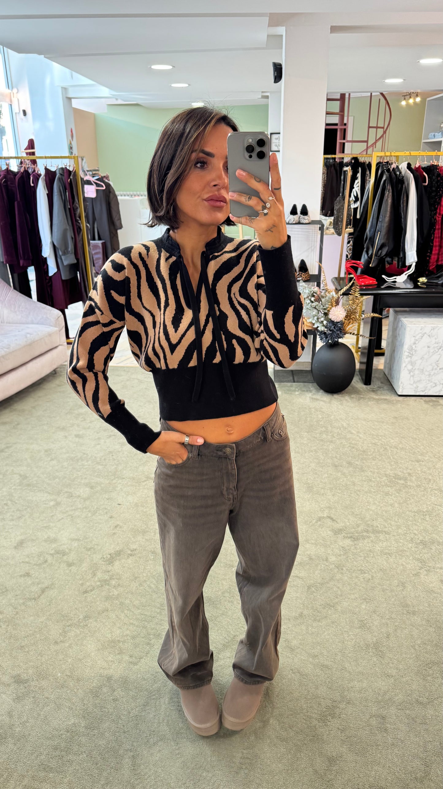 Maglione crop zebrato marrone e nero lh
