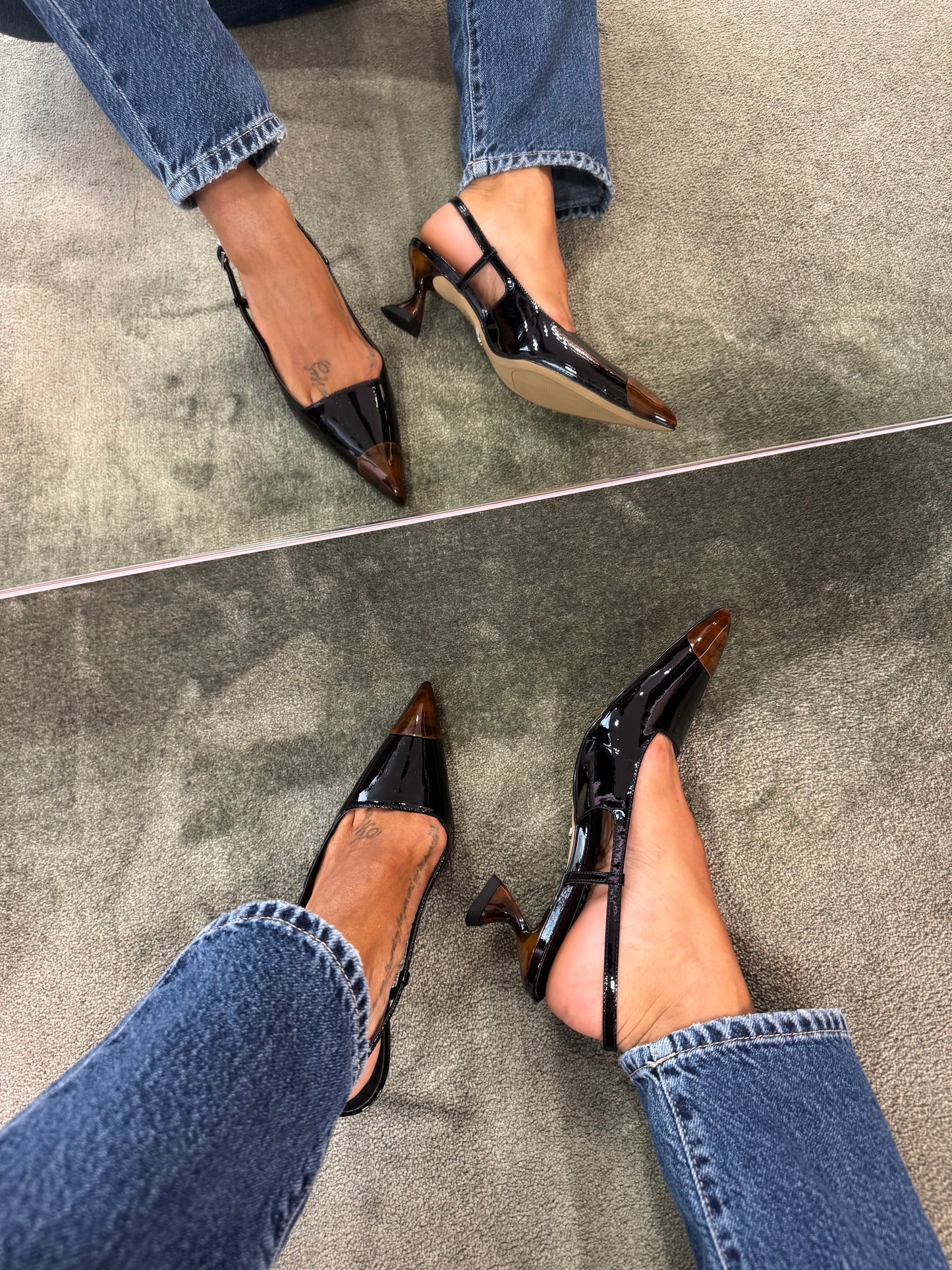 Slingback nera in vernice con punta tartarugata