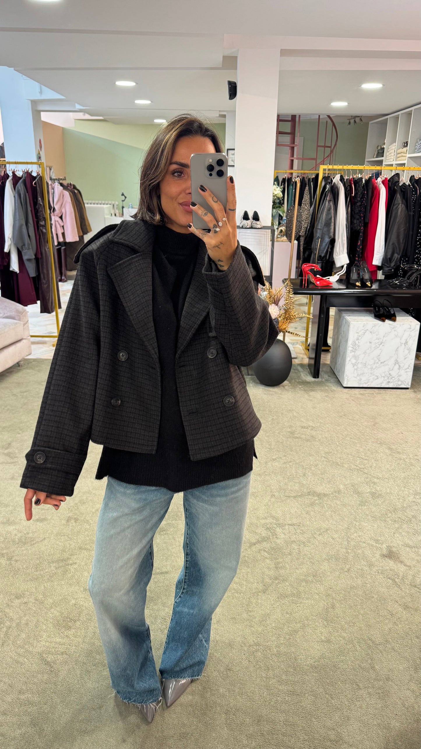 Cappotto caban tartan grigio e marrone corto jx