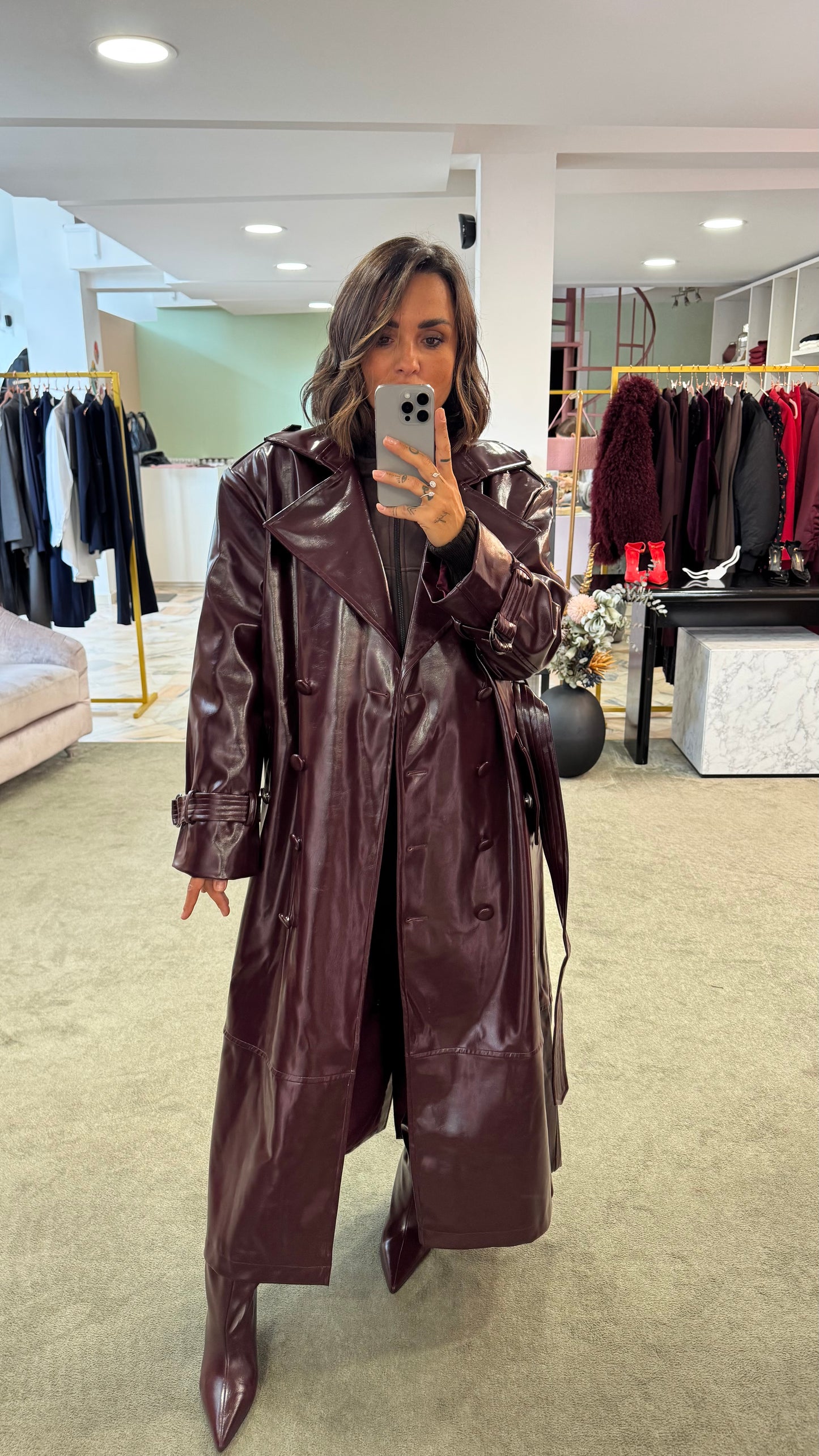 Trench lungo prugna in ecopelle tw