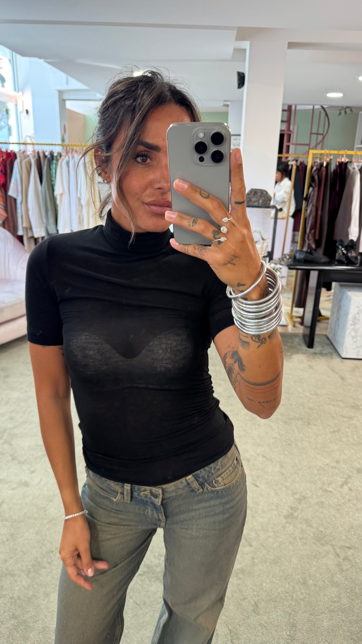Maglia nera MAR DE MARGARITAS dolcevita manica corta