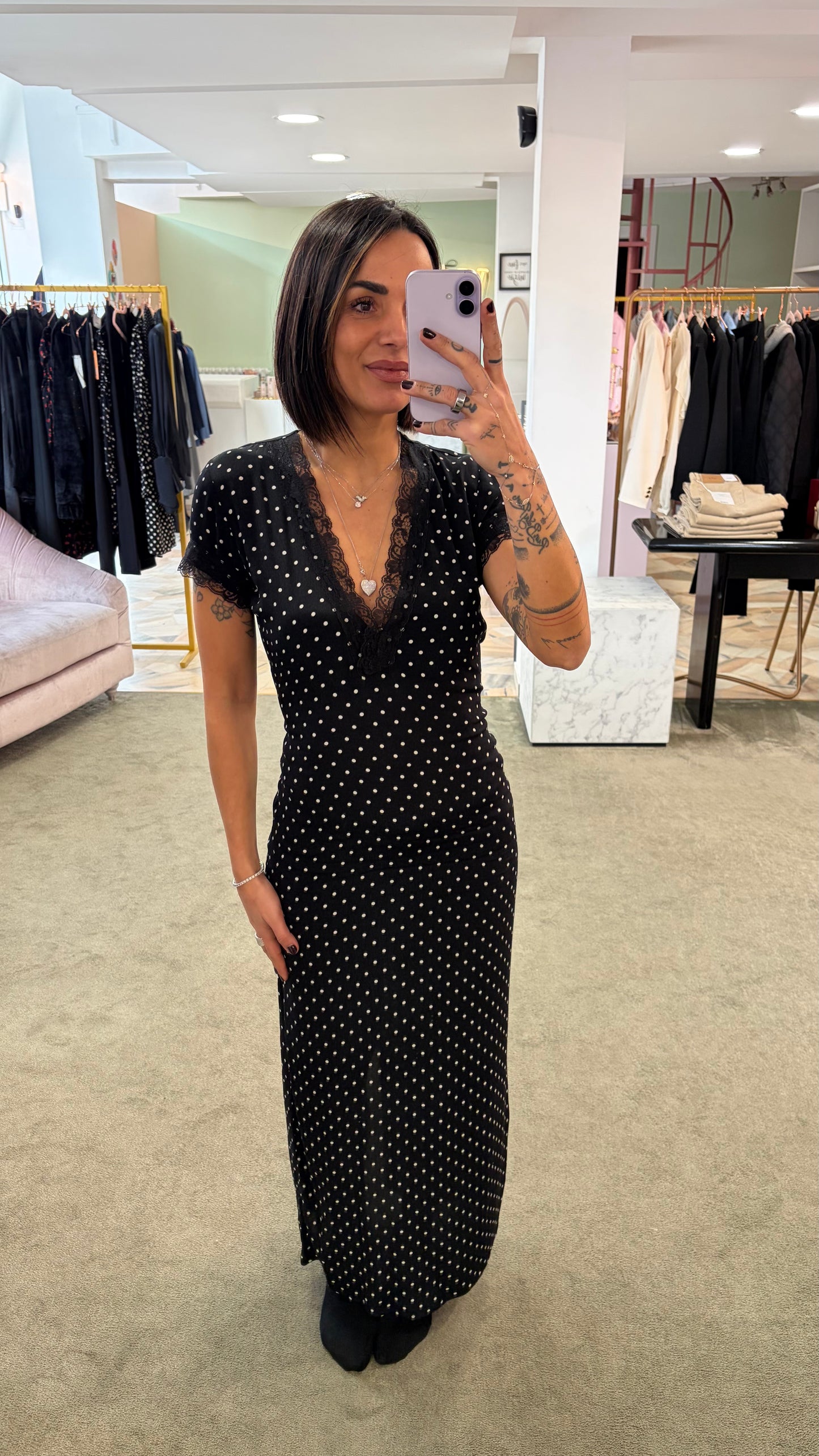 Abito raya midi MAR DE MARGARITAS nero a pois con pizzo