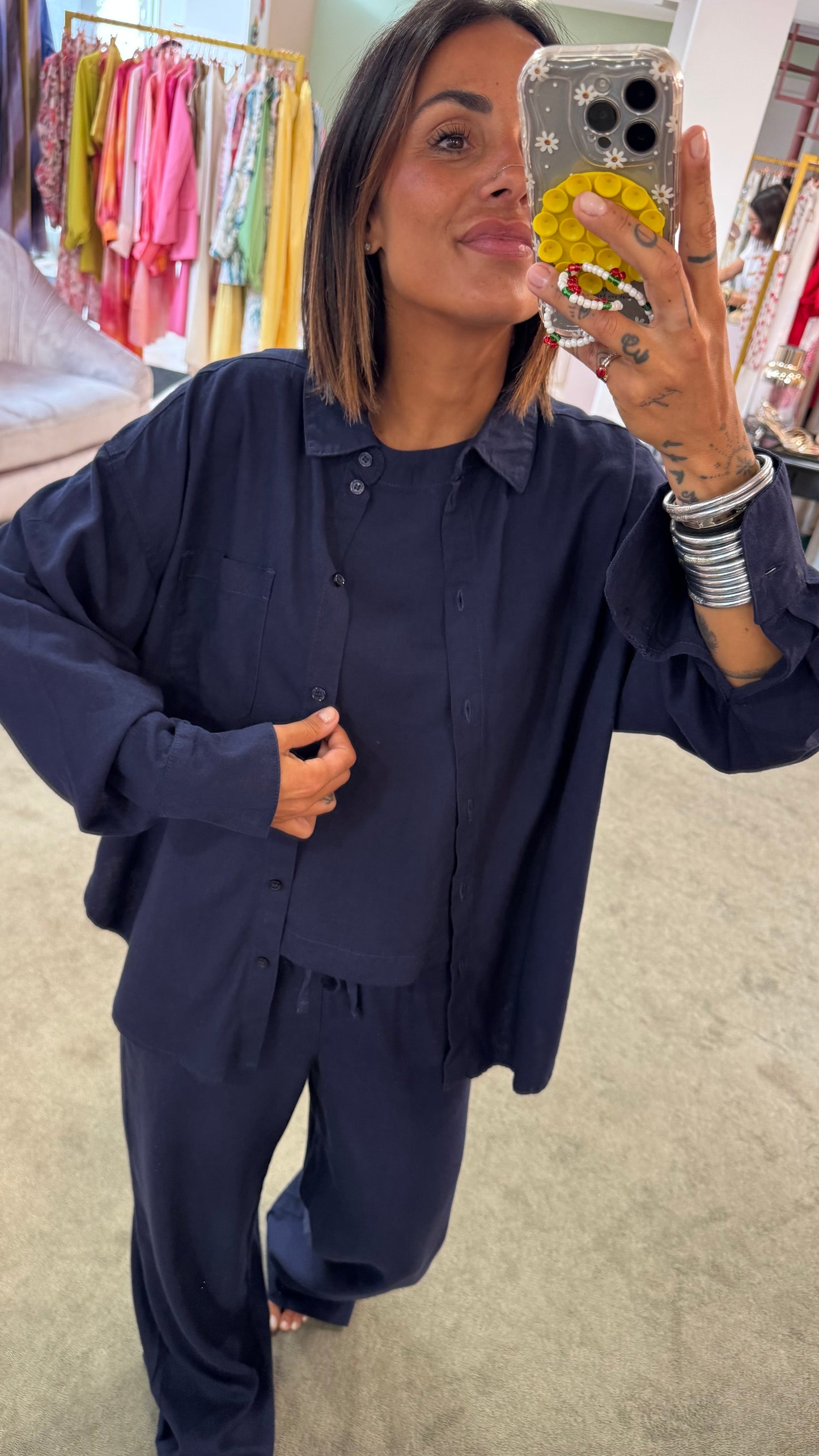 Pantaloni blu notte in lino con coulisse jx
