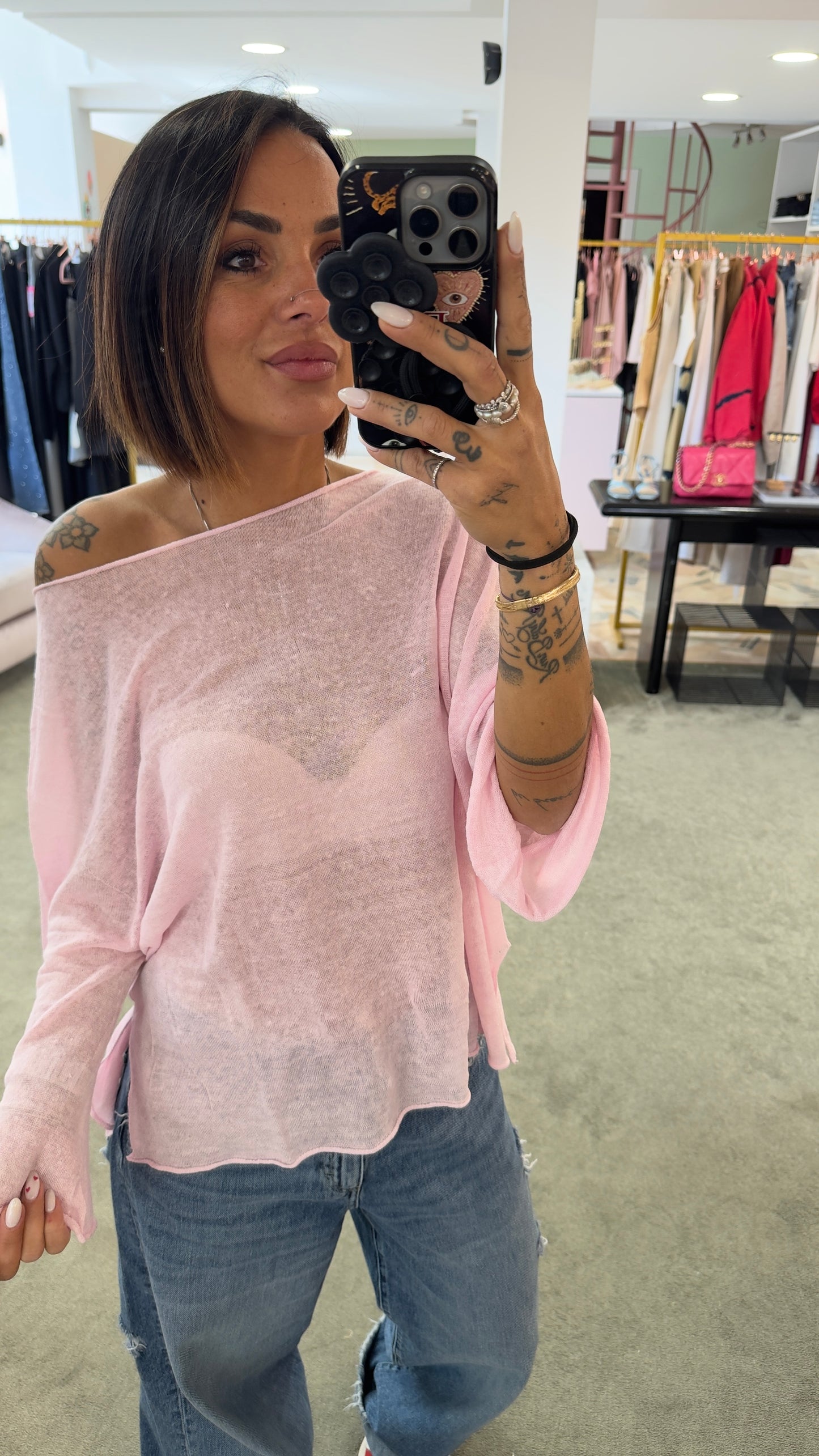 Maglia rosa a scatola manica 3/4 in lino