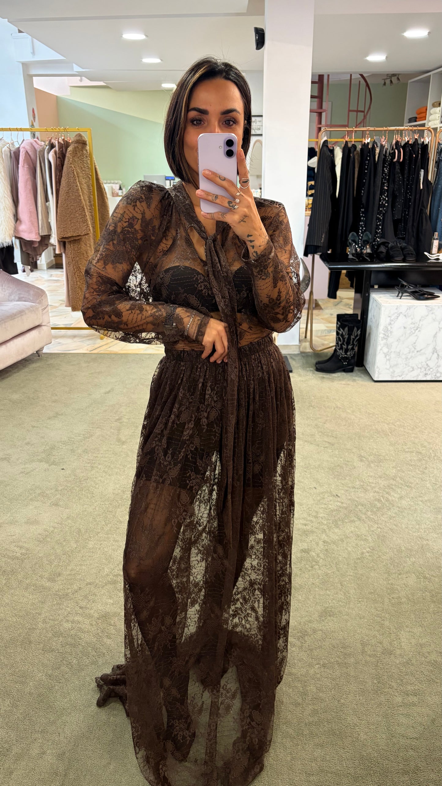 Gonna lunga marrone in pizzo con coulotte mq