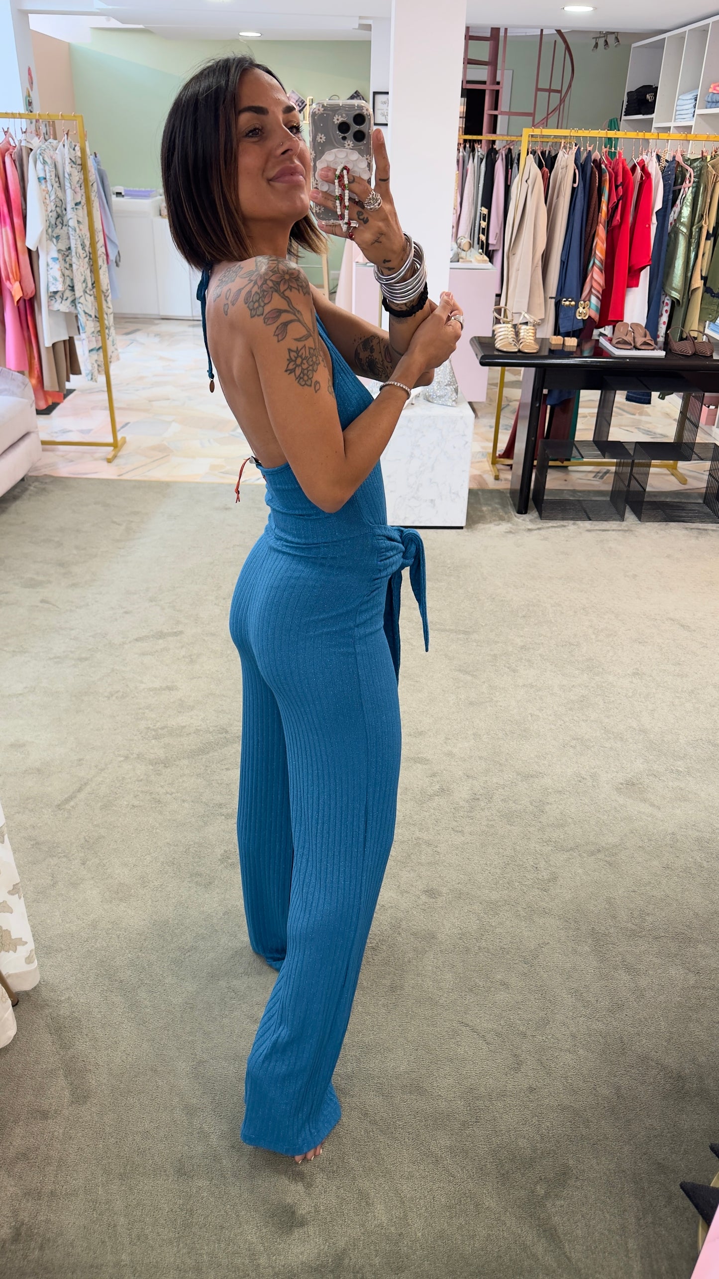 Jumpsuit turchese in maglia a costine Cotazur