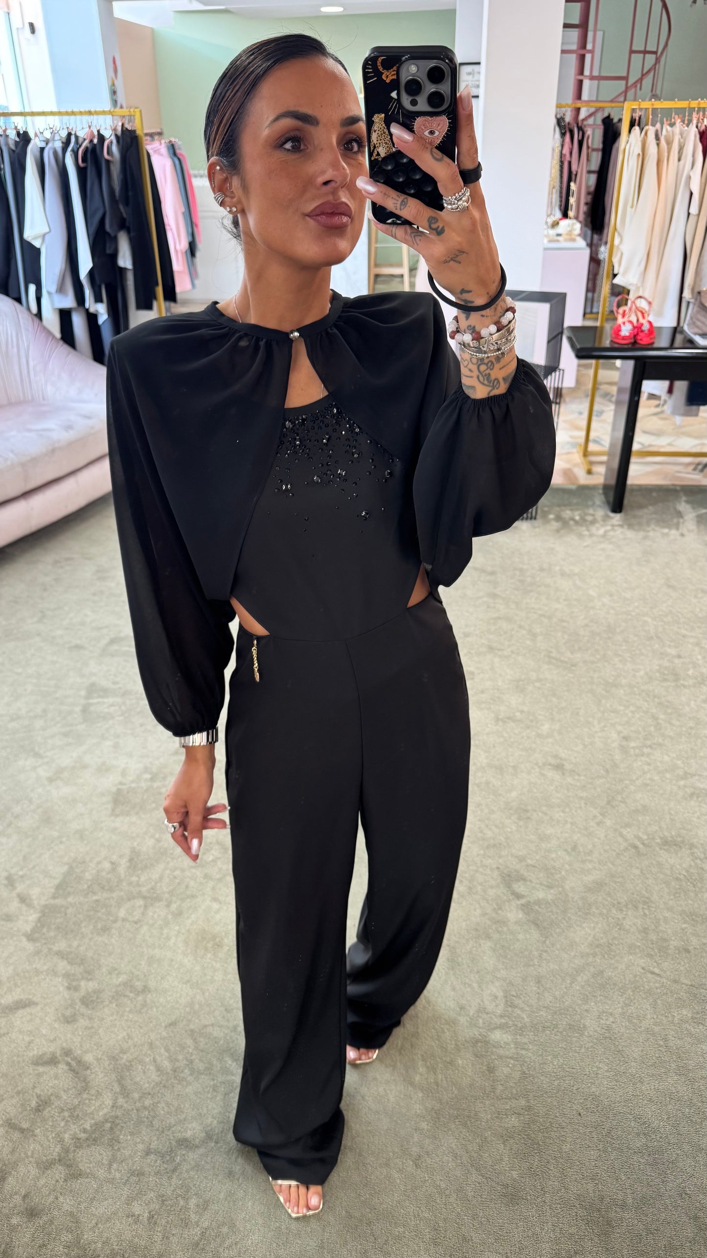 Jumpsuit nera con cristalli fr
