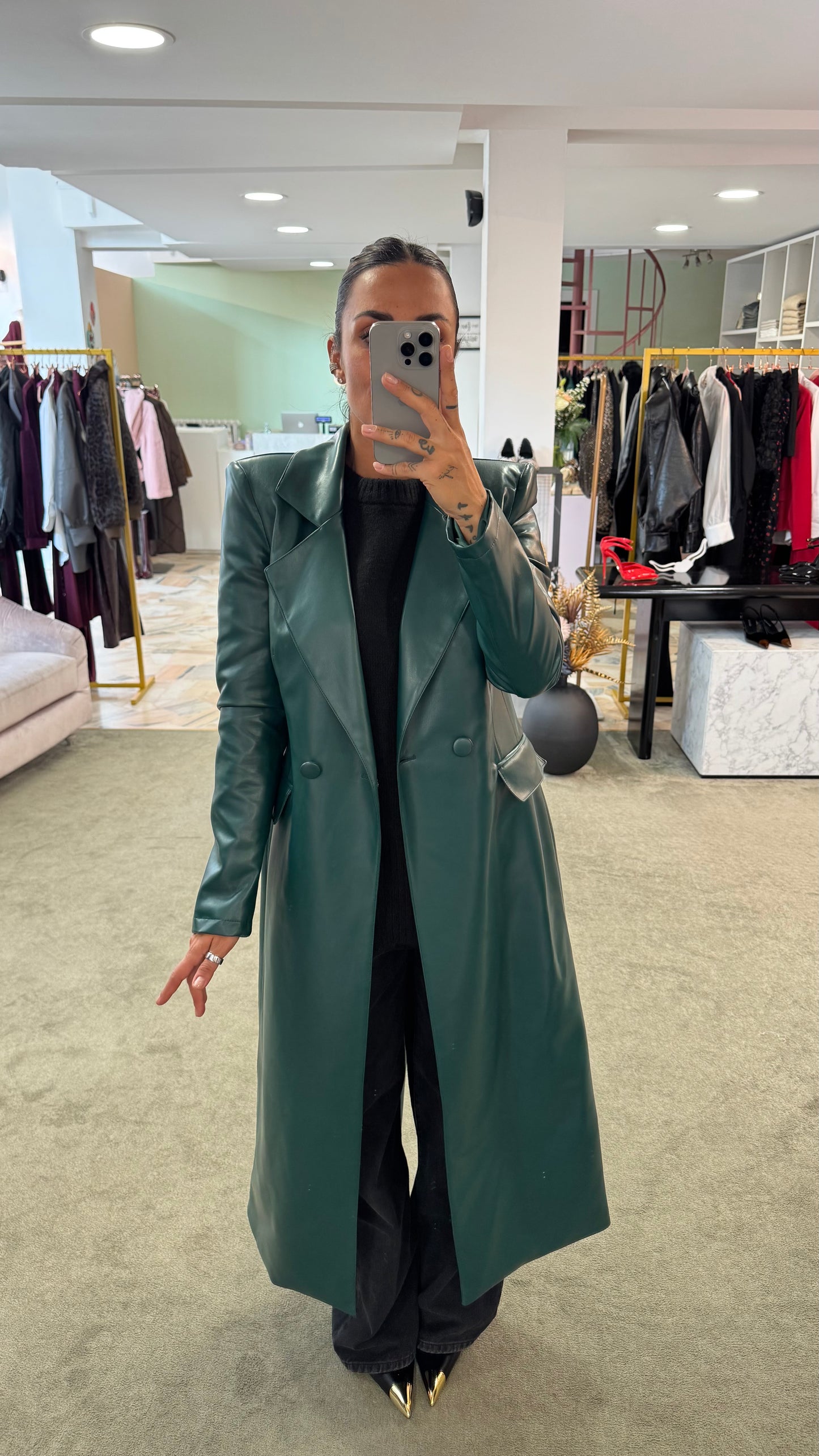 Cappotto lungo ecopelle verde ks
