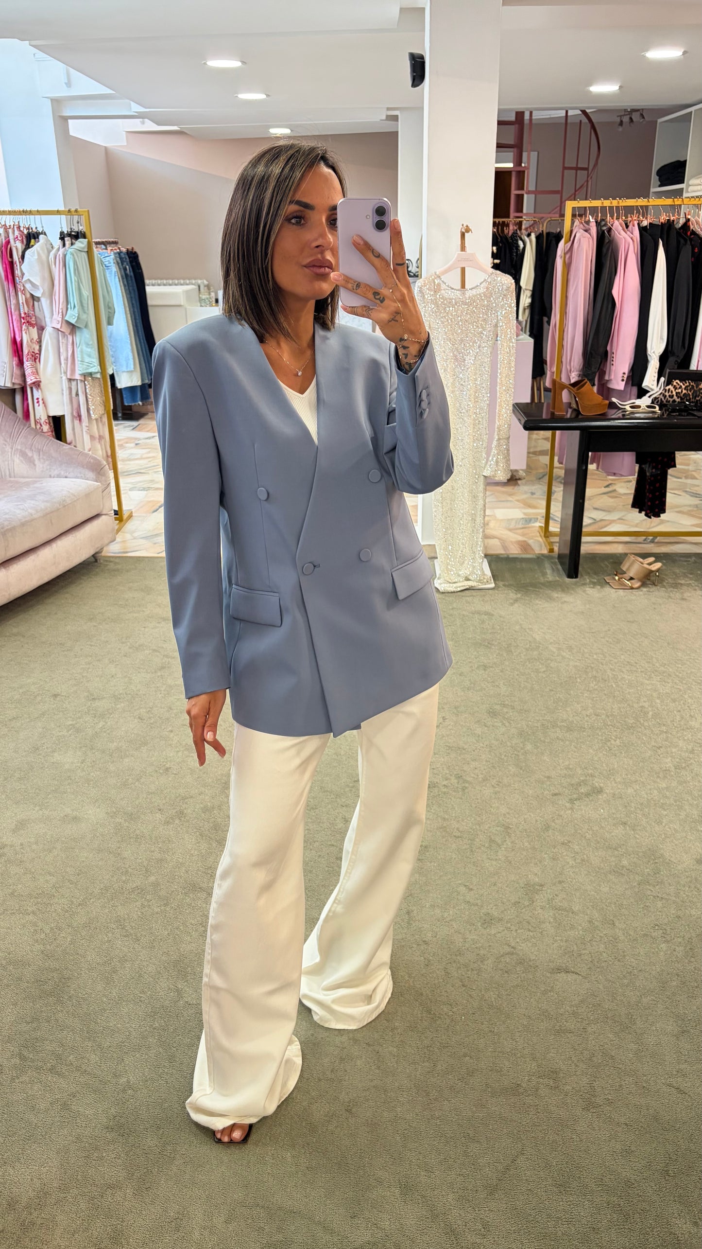 Blazer celeste doppiopetto senza rever Marsem