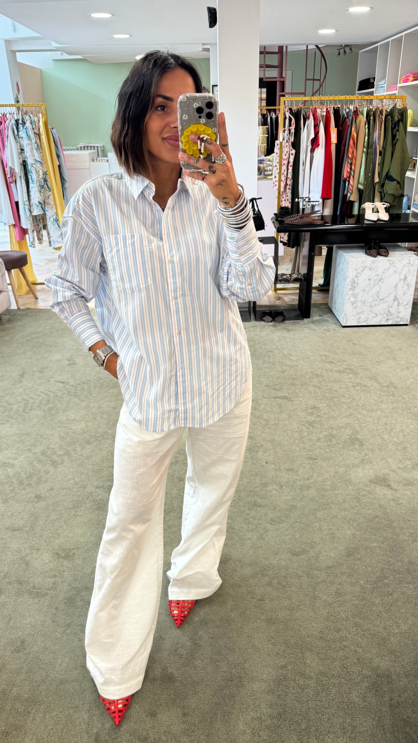 Camicia a righe bianca azzurra e rossa in cotone jx