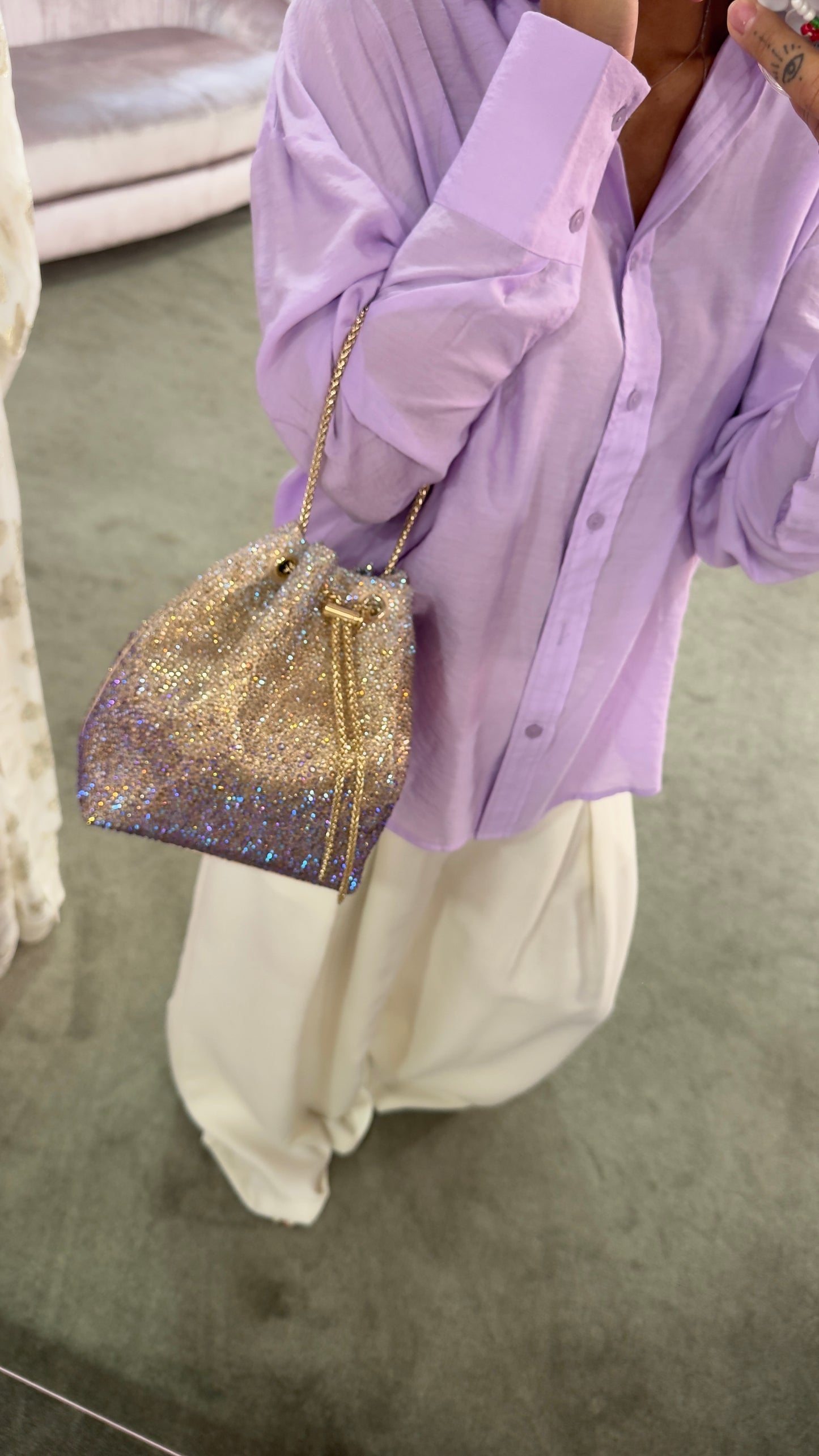 Borsa sacchetto multicolor oro e lilla con cristalli