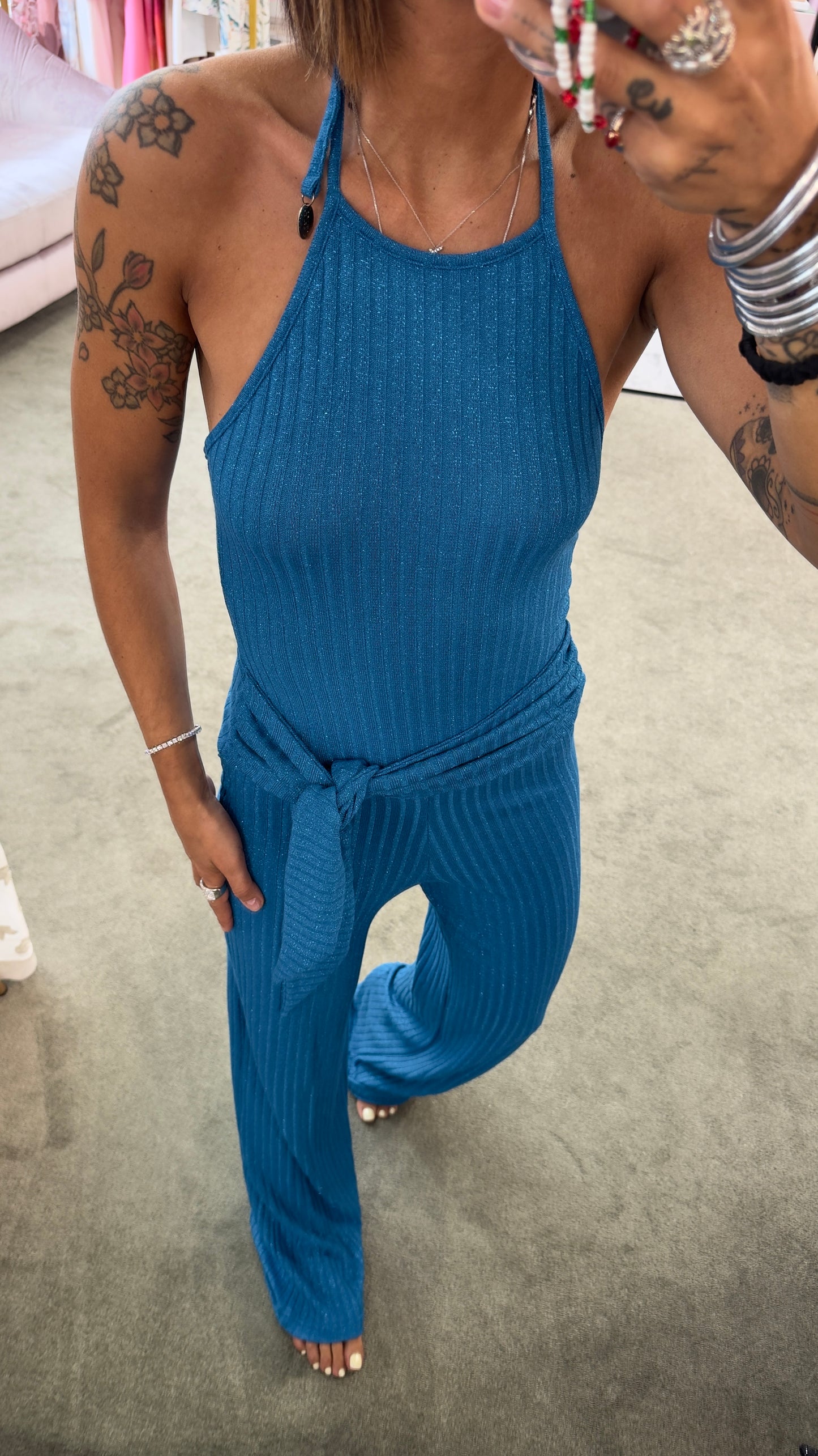 Jumpsuit turchese in maglia a costine Cotazur