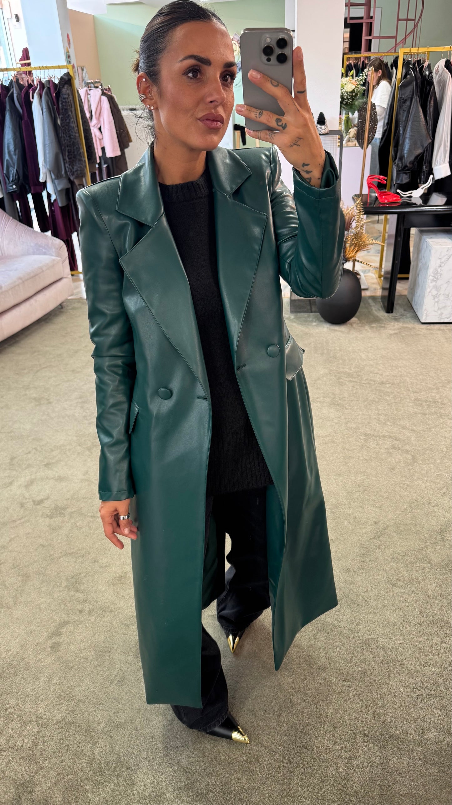 Cappotto lungo ecopelle verde ks