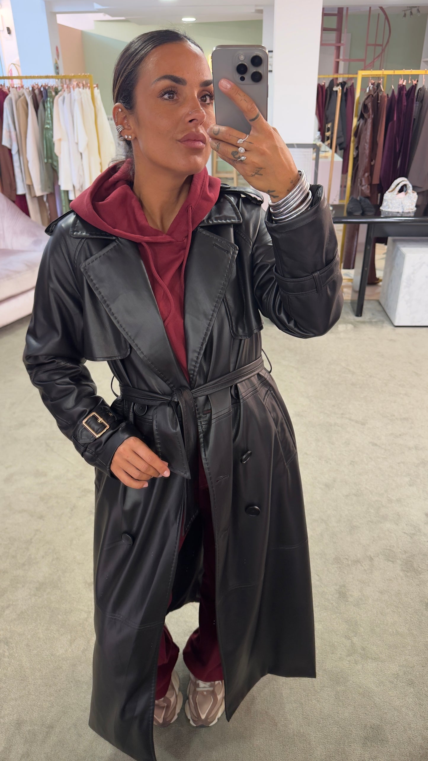 Trench nero lungo in ecopelle fr