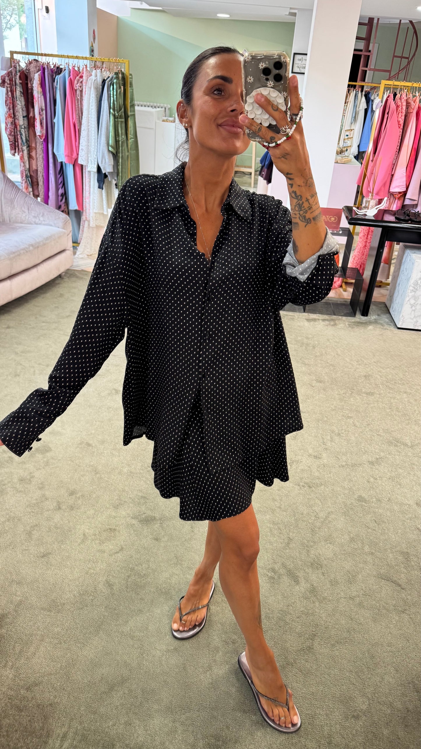 Camicia clelia MAR DE MARGARITAS nera a pois piccoli