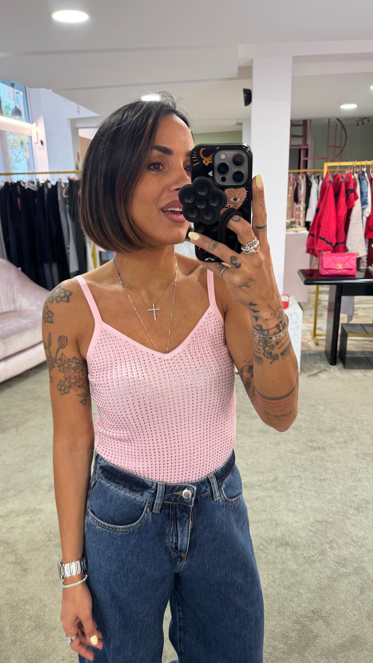 Canotta in maglia viscosa rosa spallina fine con cristalli fr