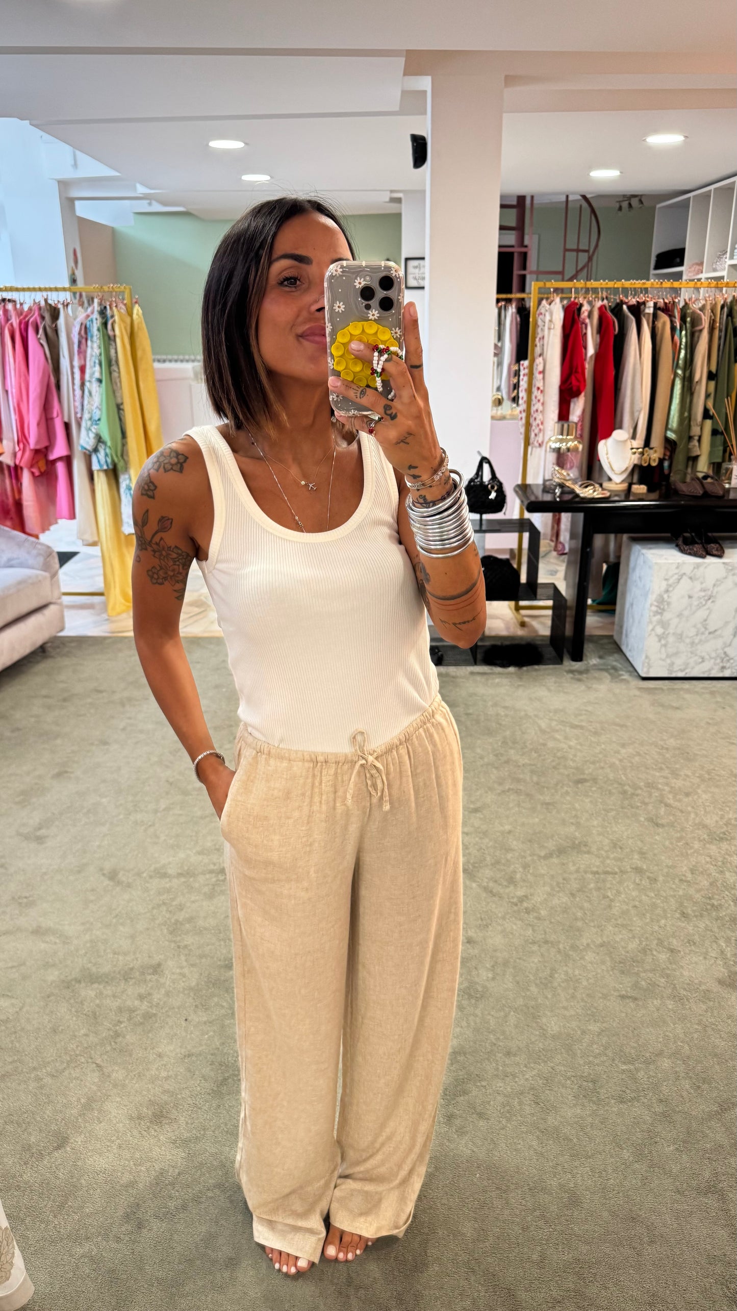 Pantaloni beige melange in lino con coulisse jx