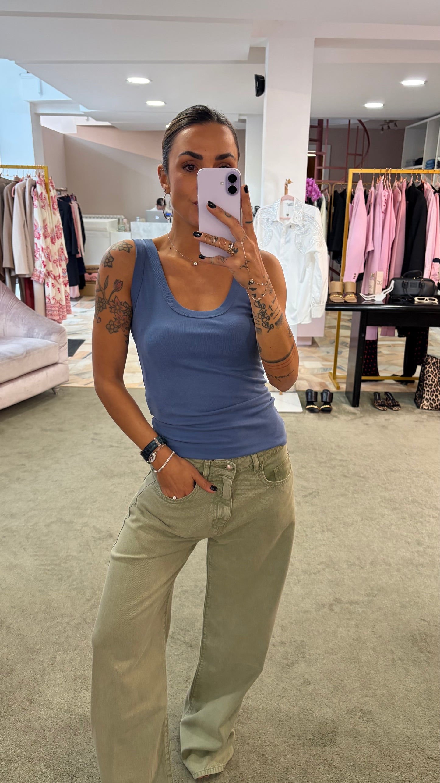 Canotta azzurro denim scollo tondo in viscosa ks
