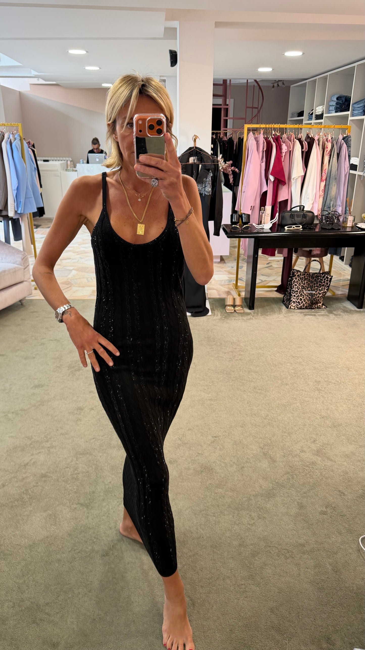 Abito midi nero in maglia con trecce crystal fr