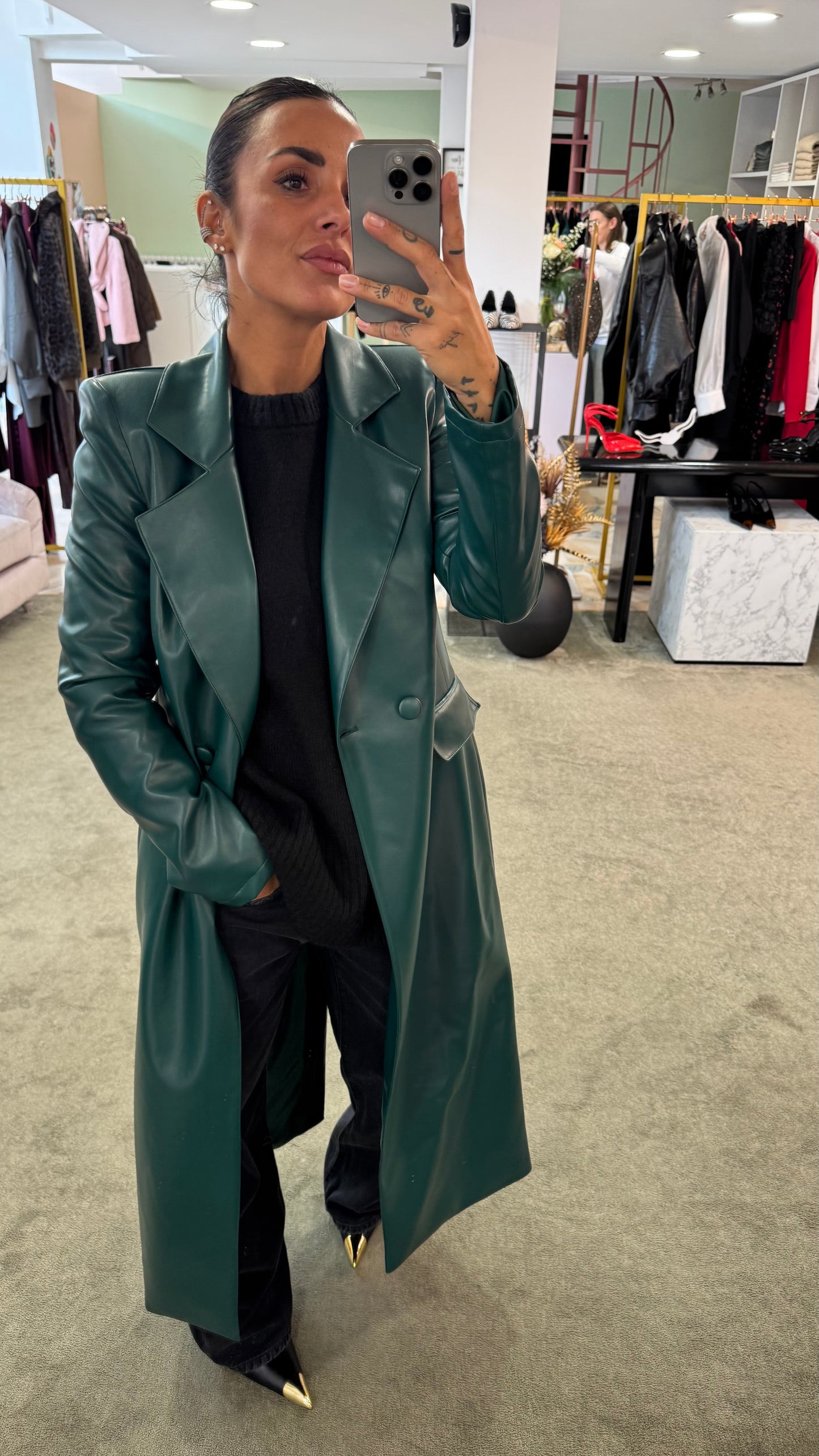 Cappotto lungo ecopelle verde ks