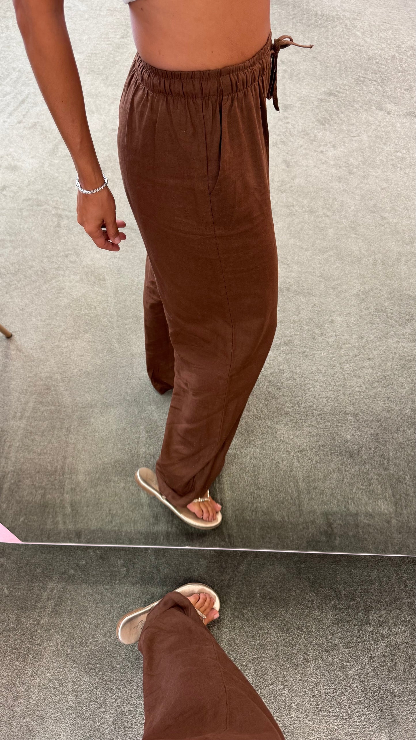 Pantaloni tabacco in lino con coulisse ep