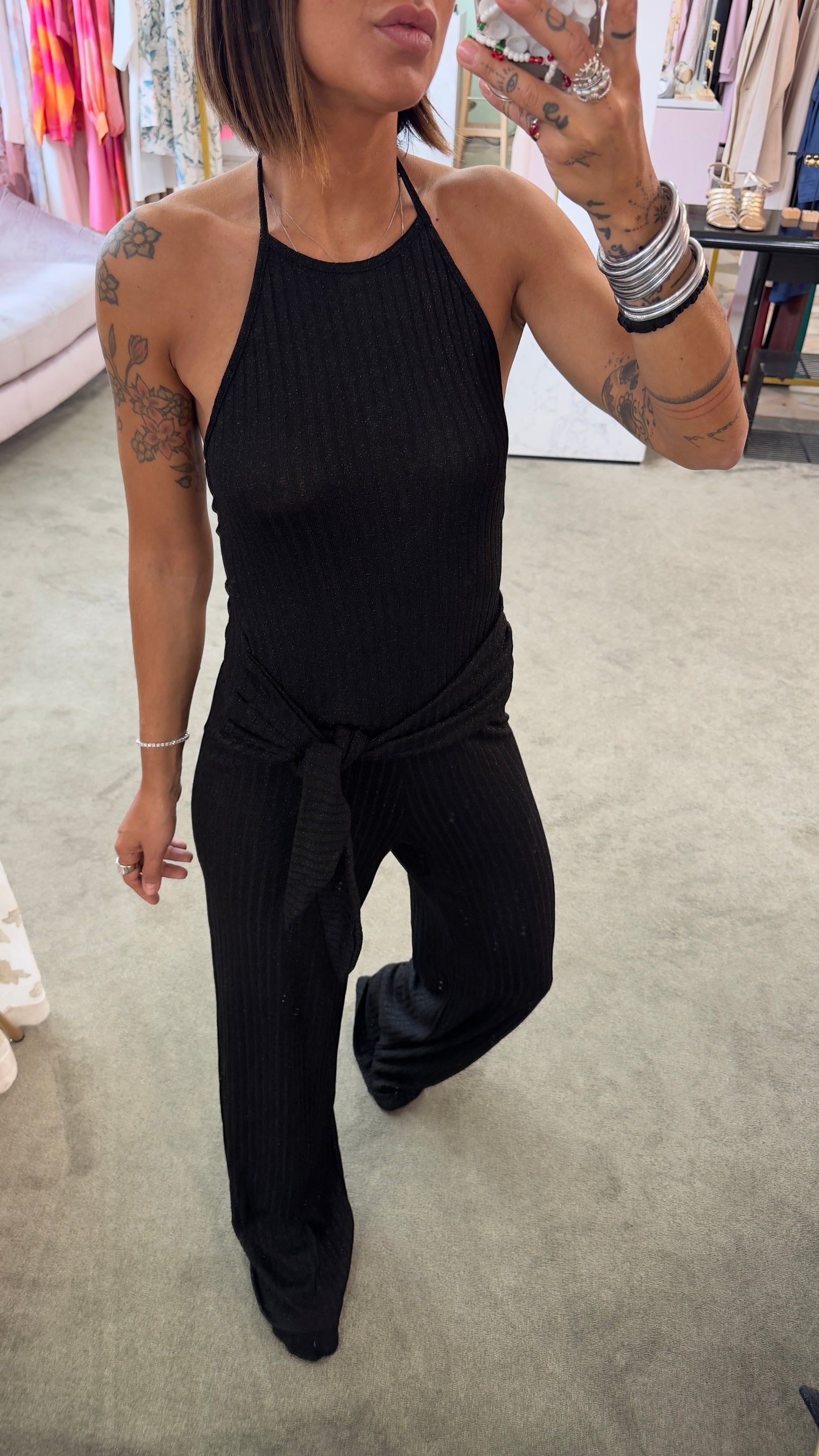 Jumpsuit nera in maglia a costine Cotazur