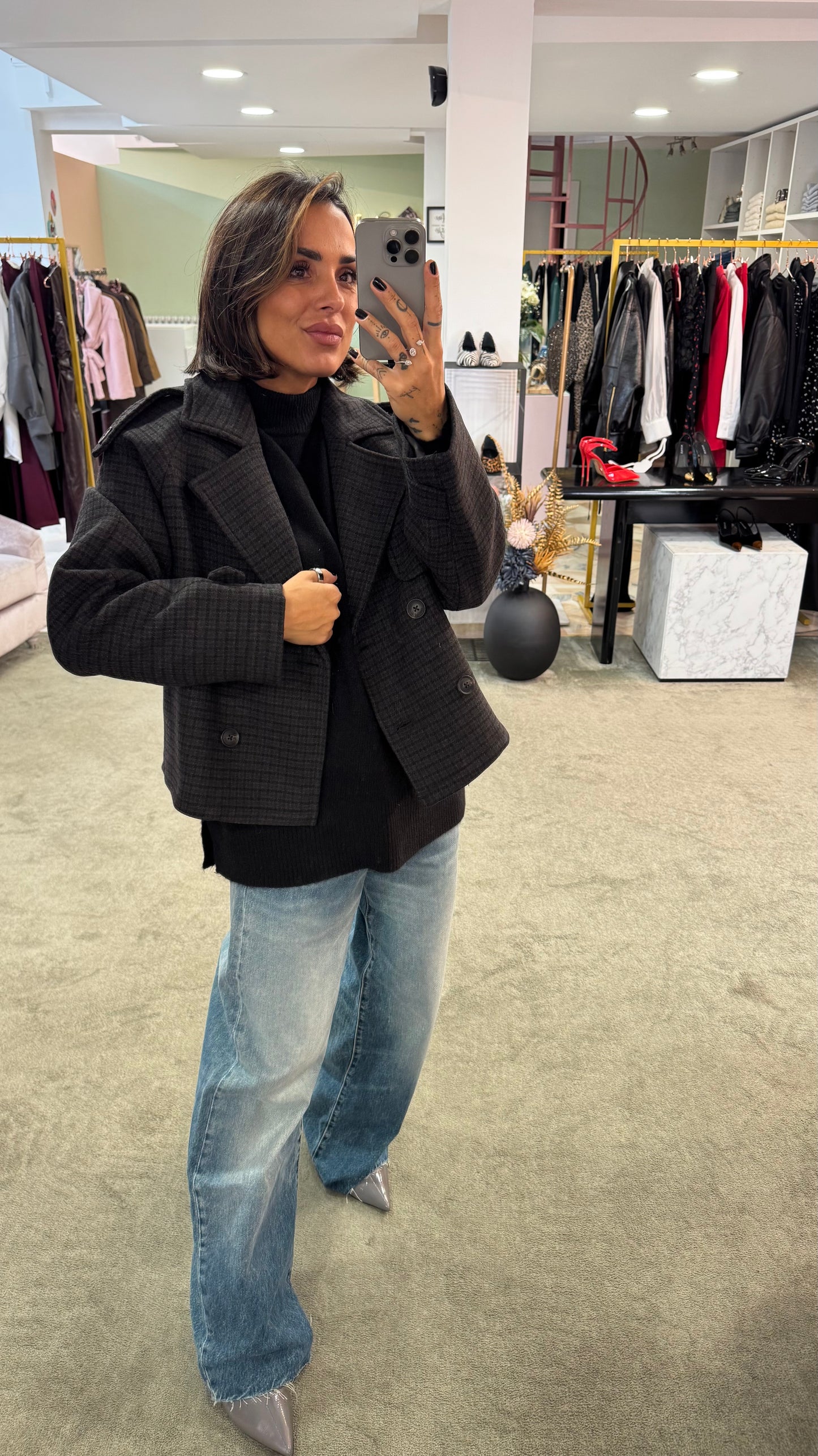 Cappotto caban tartan grigio e marrone corto jx