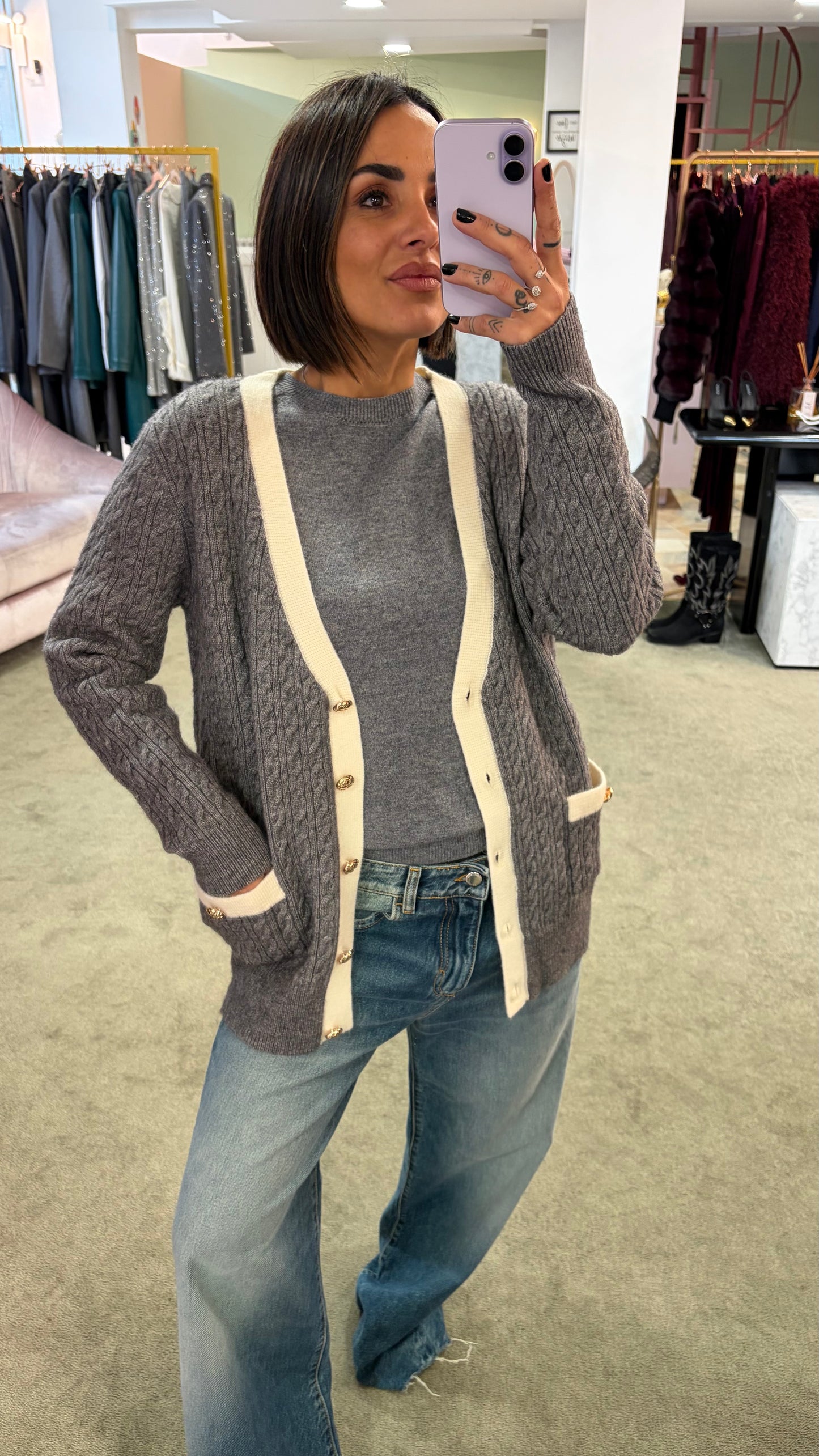 Cardigan over grigio a trecce fr