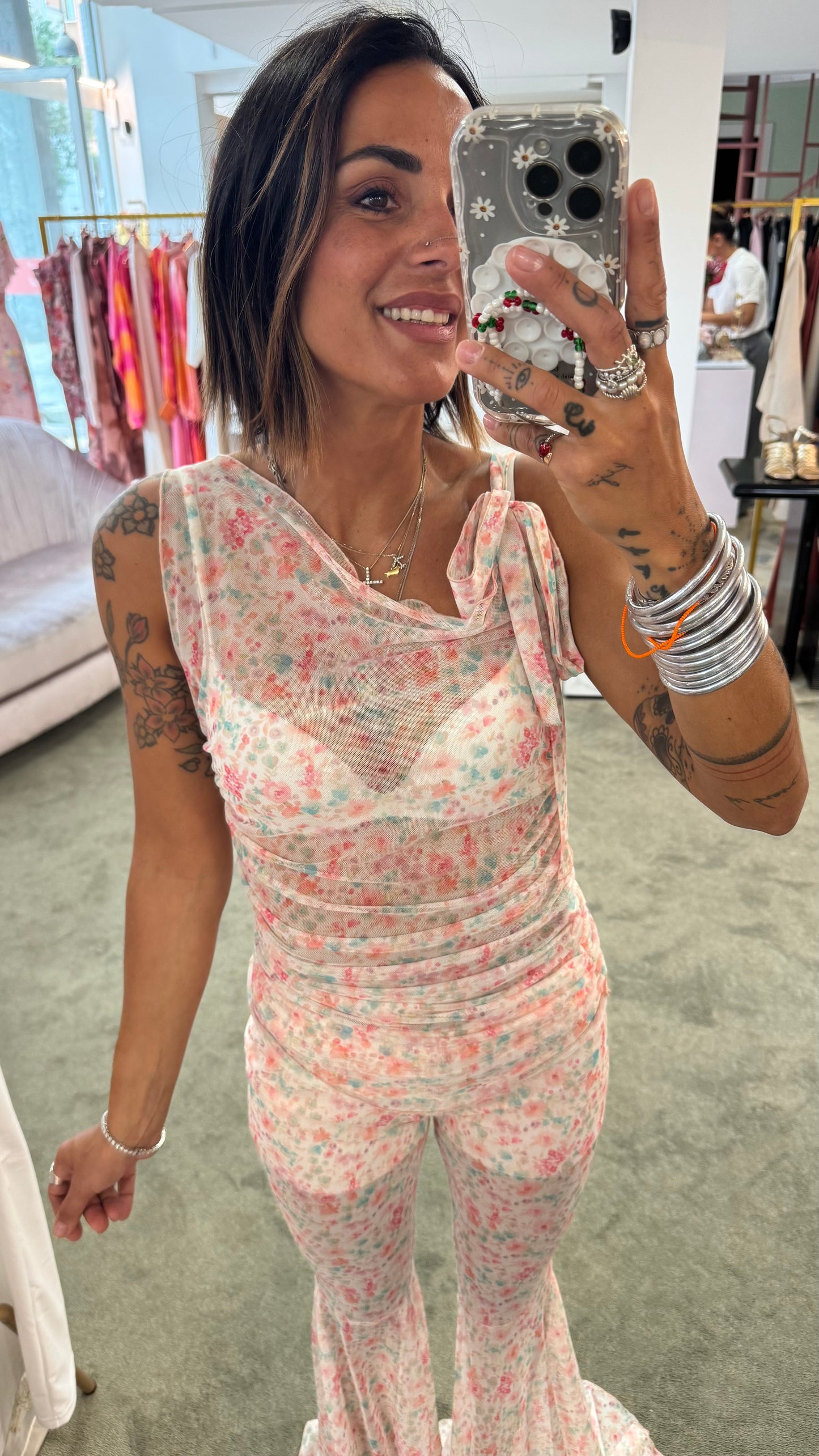 Completo canotta e pantalone in tulle a fiori ks