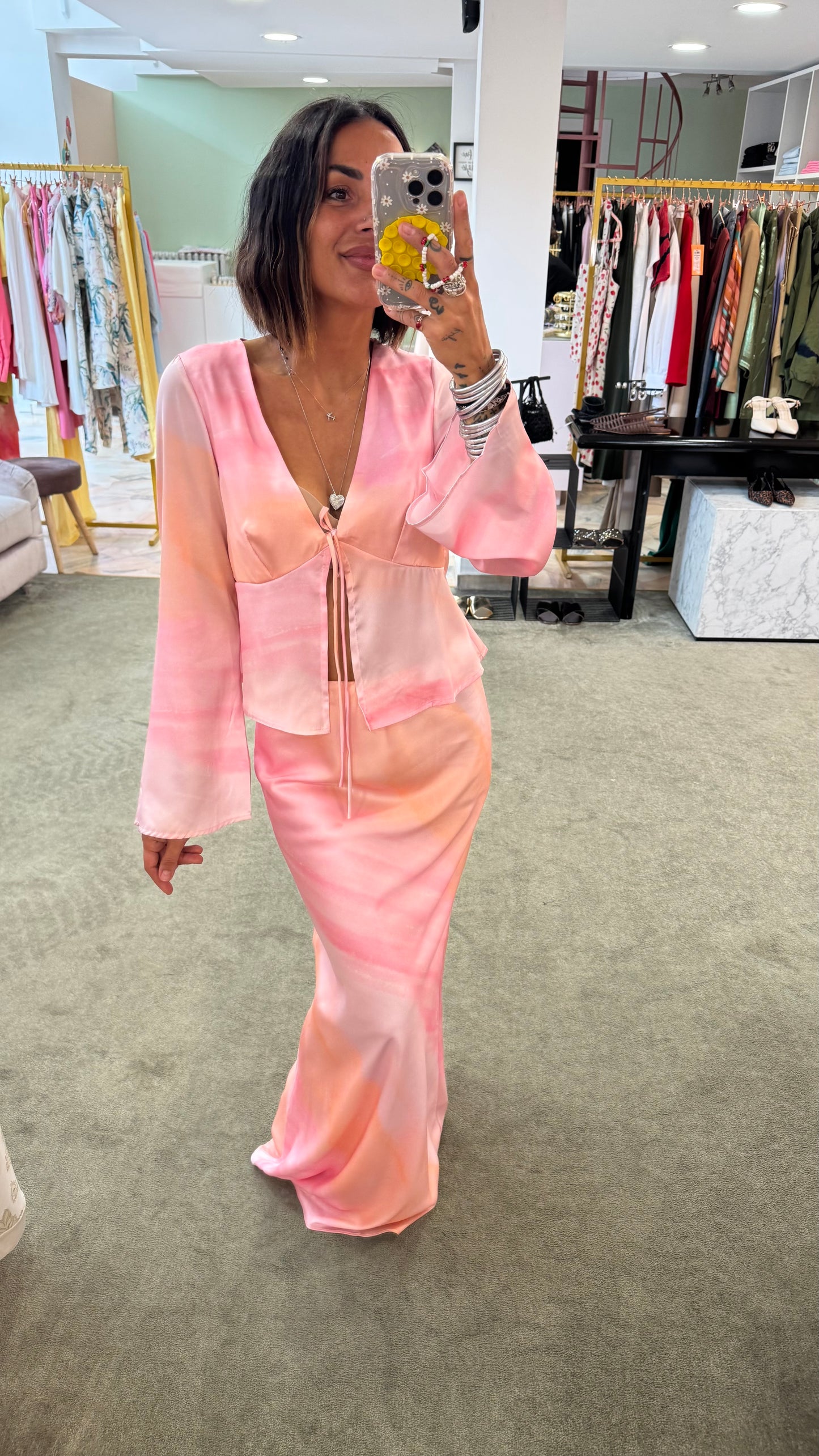Gonna lunga rosa tie-dye in satin gl