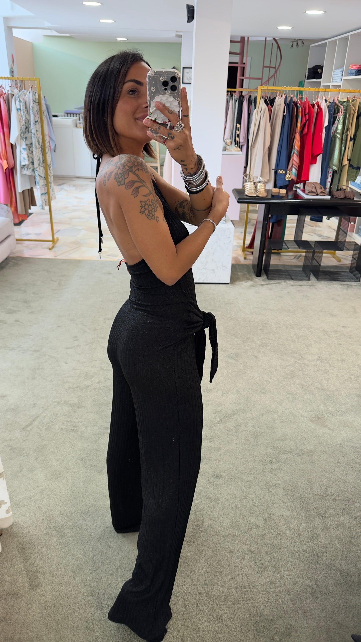 Jumpsuit nera in maglia a costine Cotazur