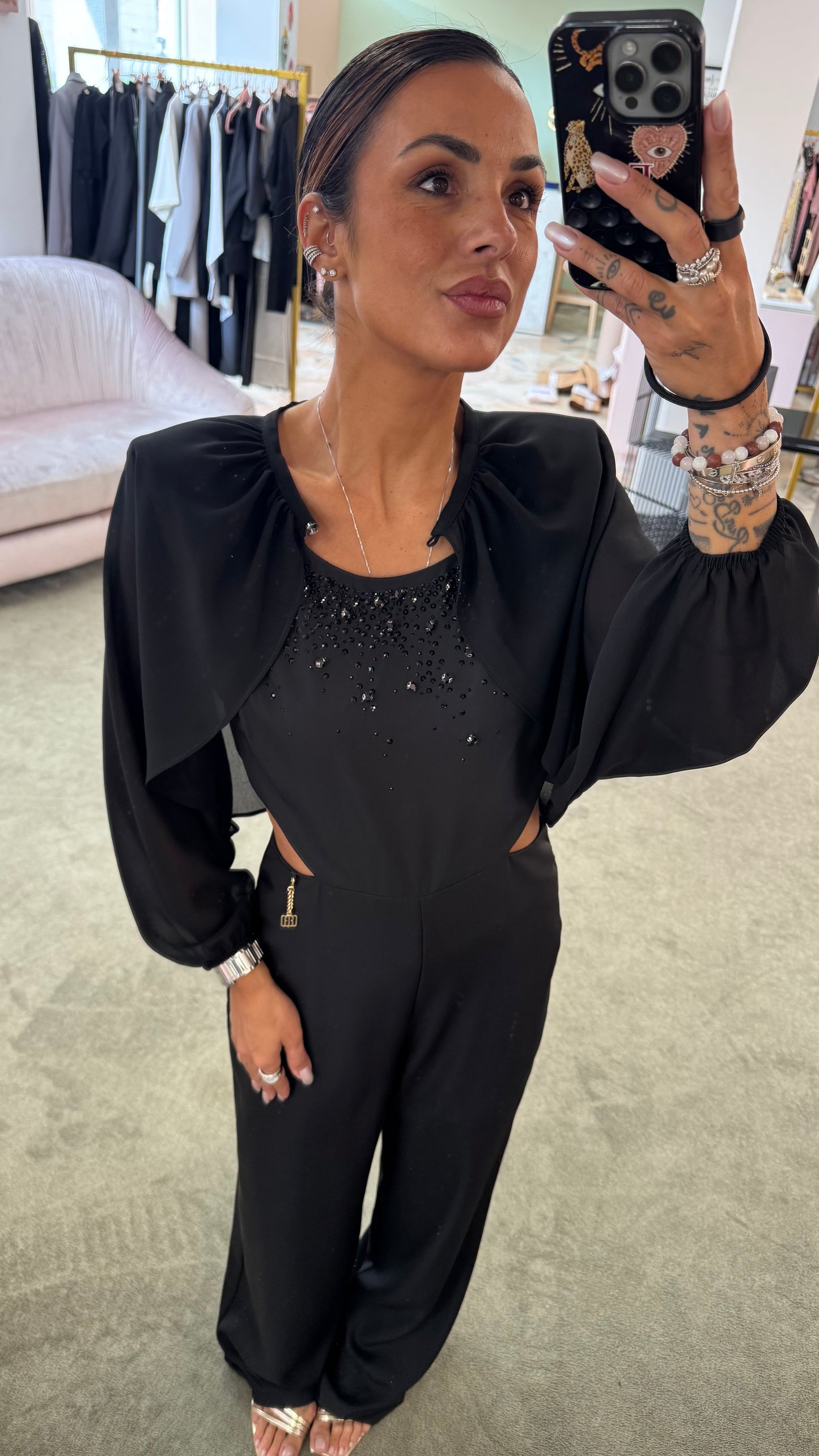 Jumpsuit nera con cristalli fr