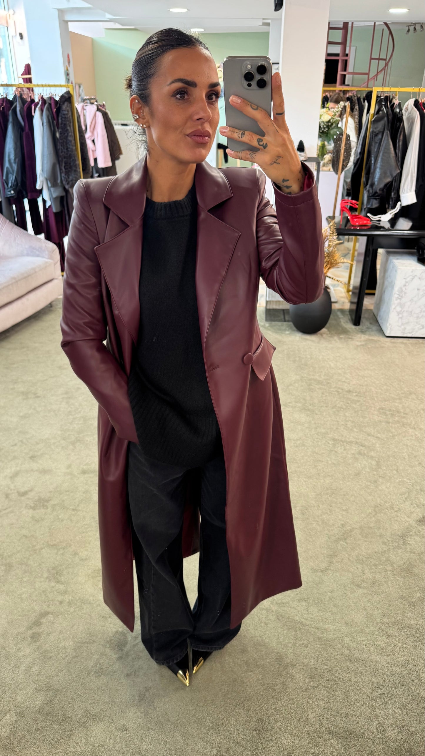 Cappotto lungo ecopelle bordeaux ks