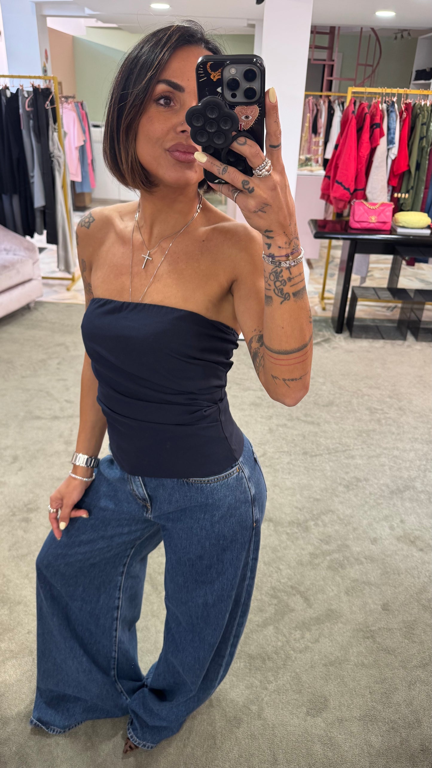 Top fascia blu notte con arricciatura tessuto classico