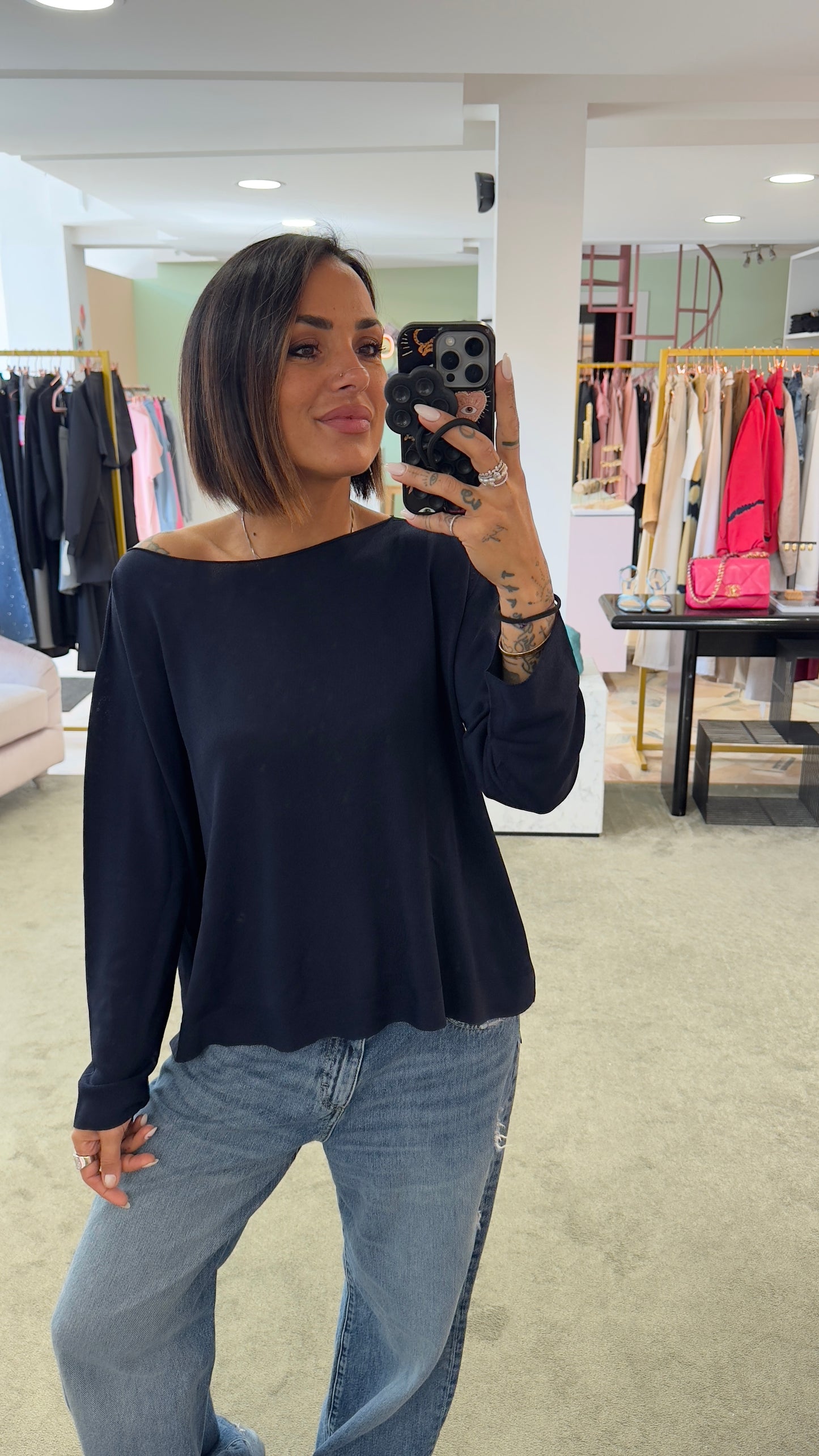Maglia blu notte a scatola in viscosa