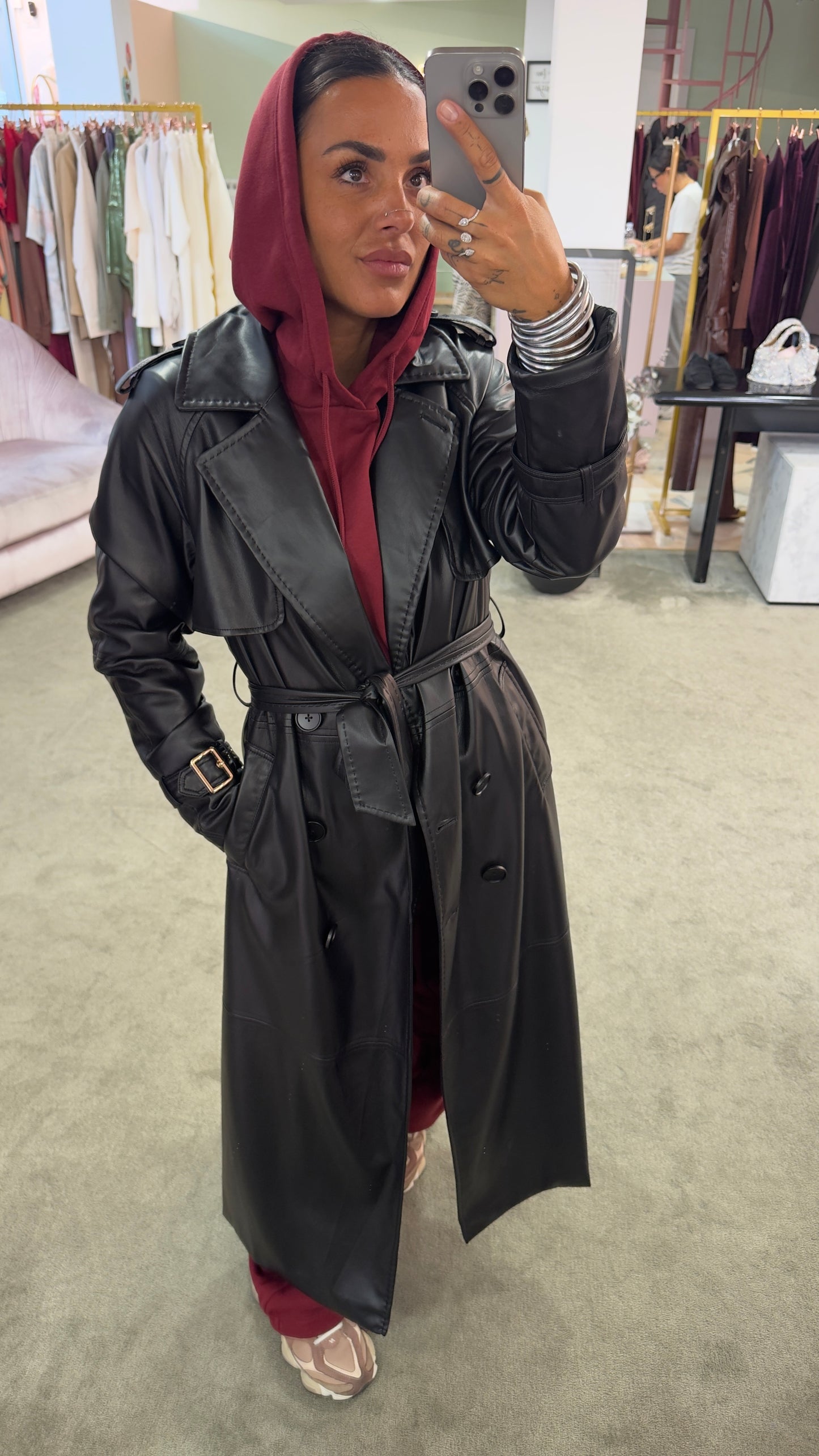 Trench nero lungo in ecopelle fr