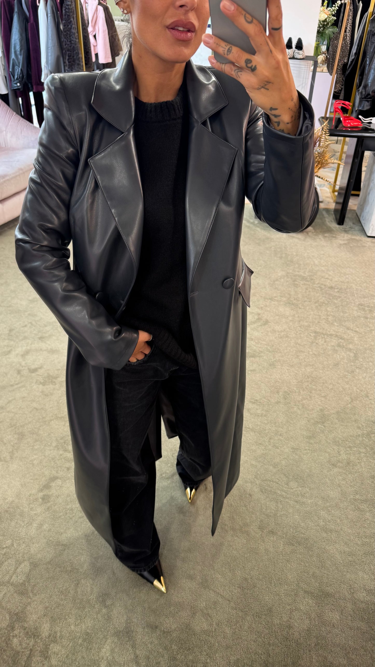 Cappotto lungo ecopelle grigio antracite ks