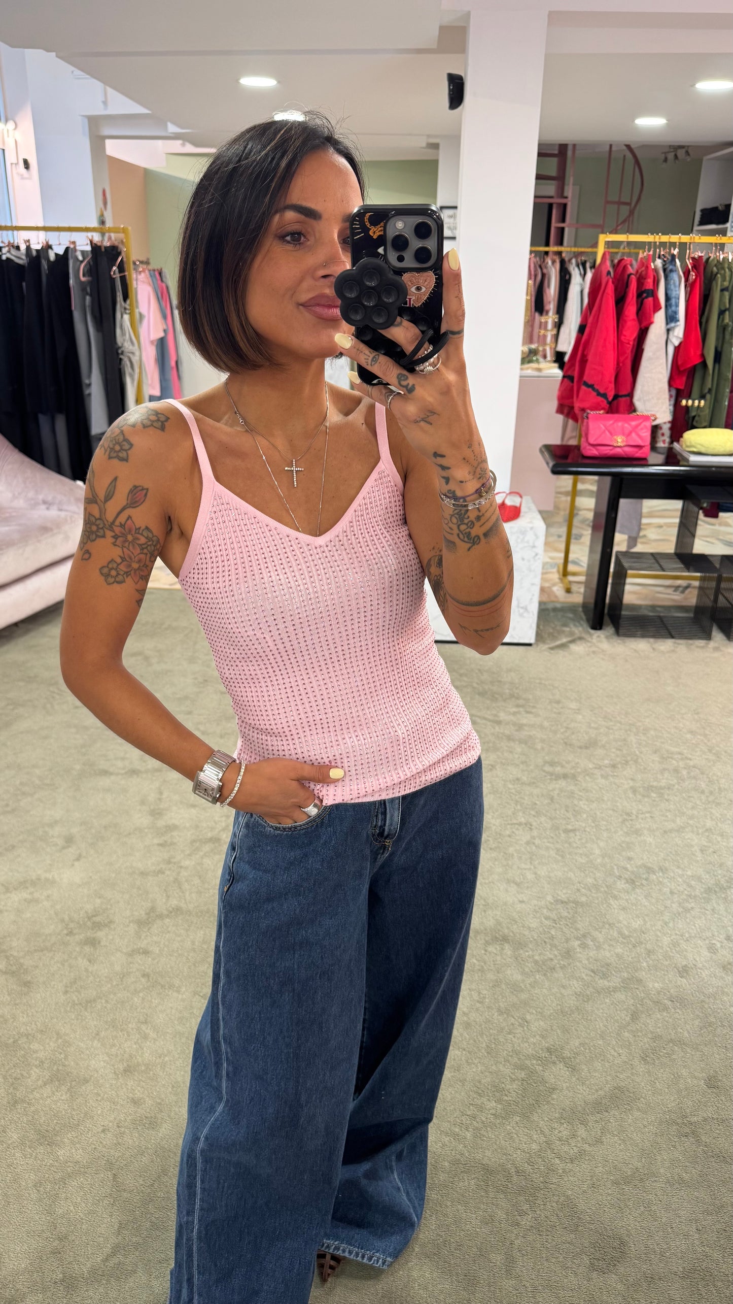 Canotta in maglia viscosa rosa spallina fine con cristalli fr