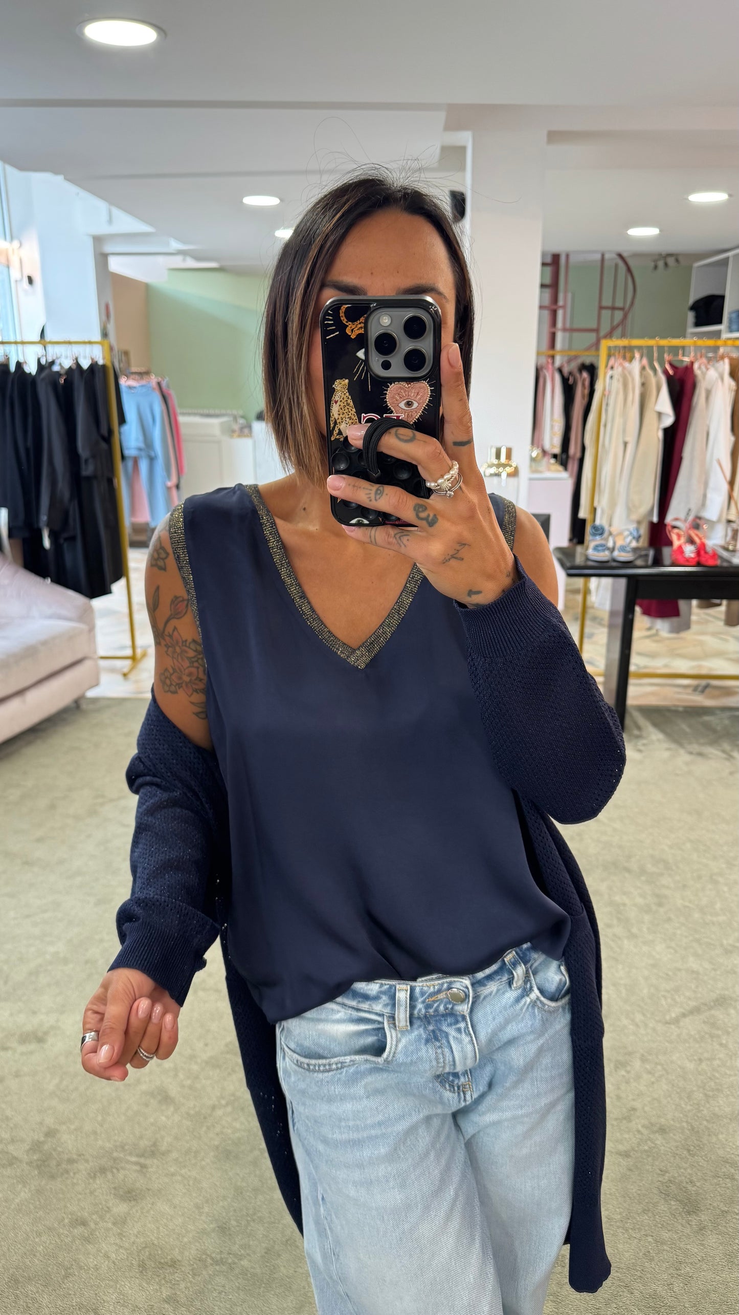 Cardigan lungo blu con tasche in lamè fr