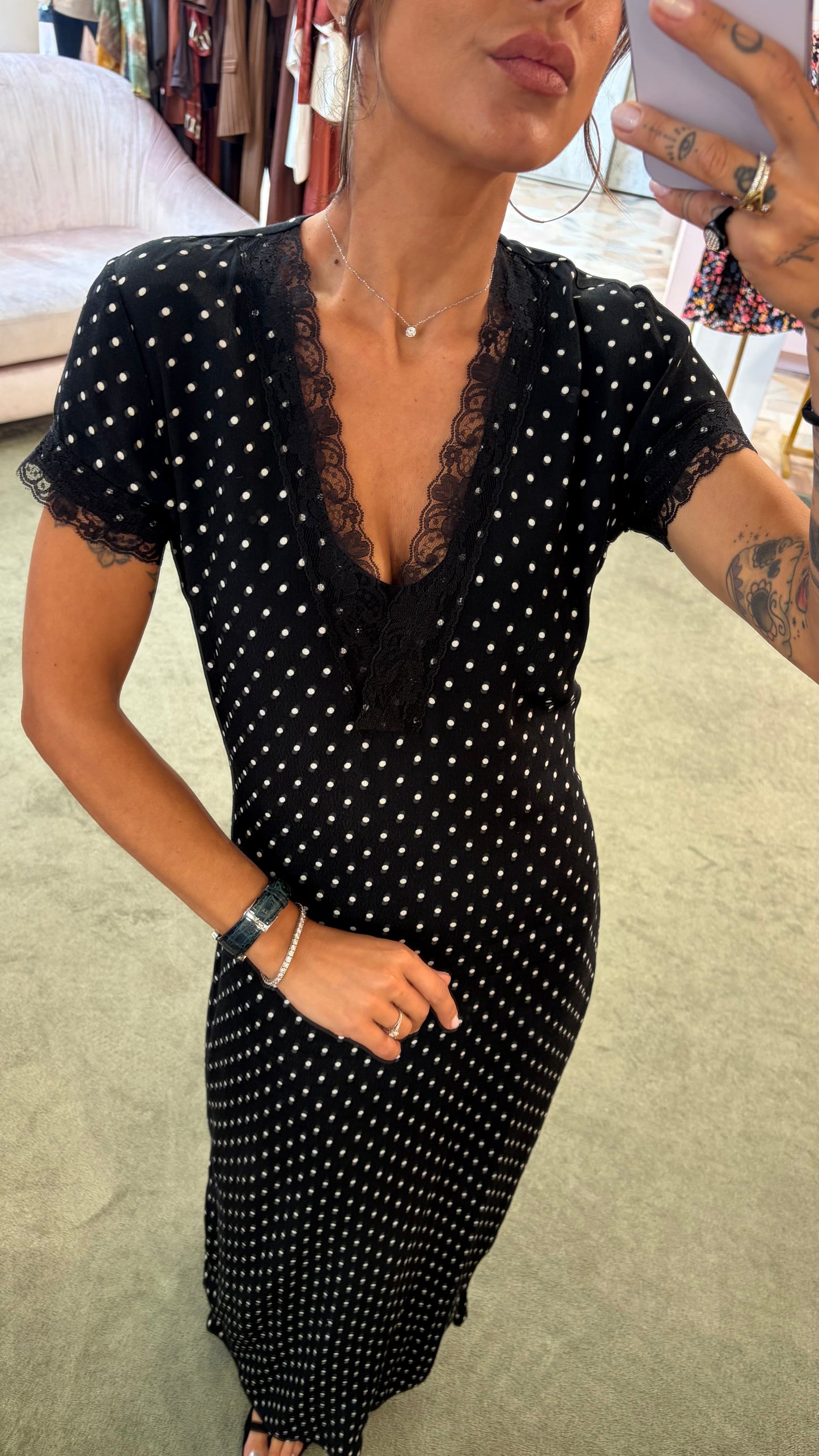 Abito raya midi MAR DE MARGARITAS nero a pois con pizzo