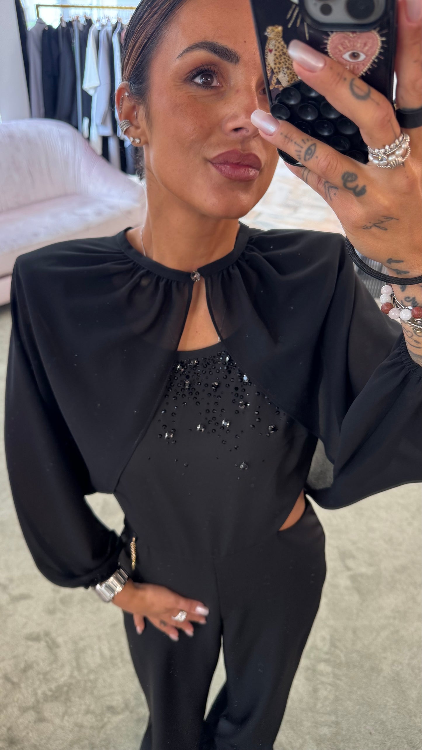 Jumpsuit nera con cristalli fr