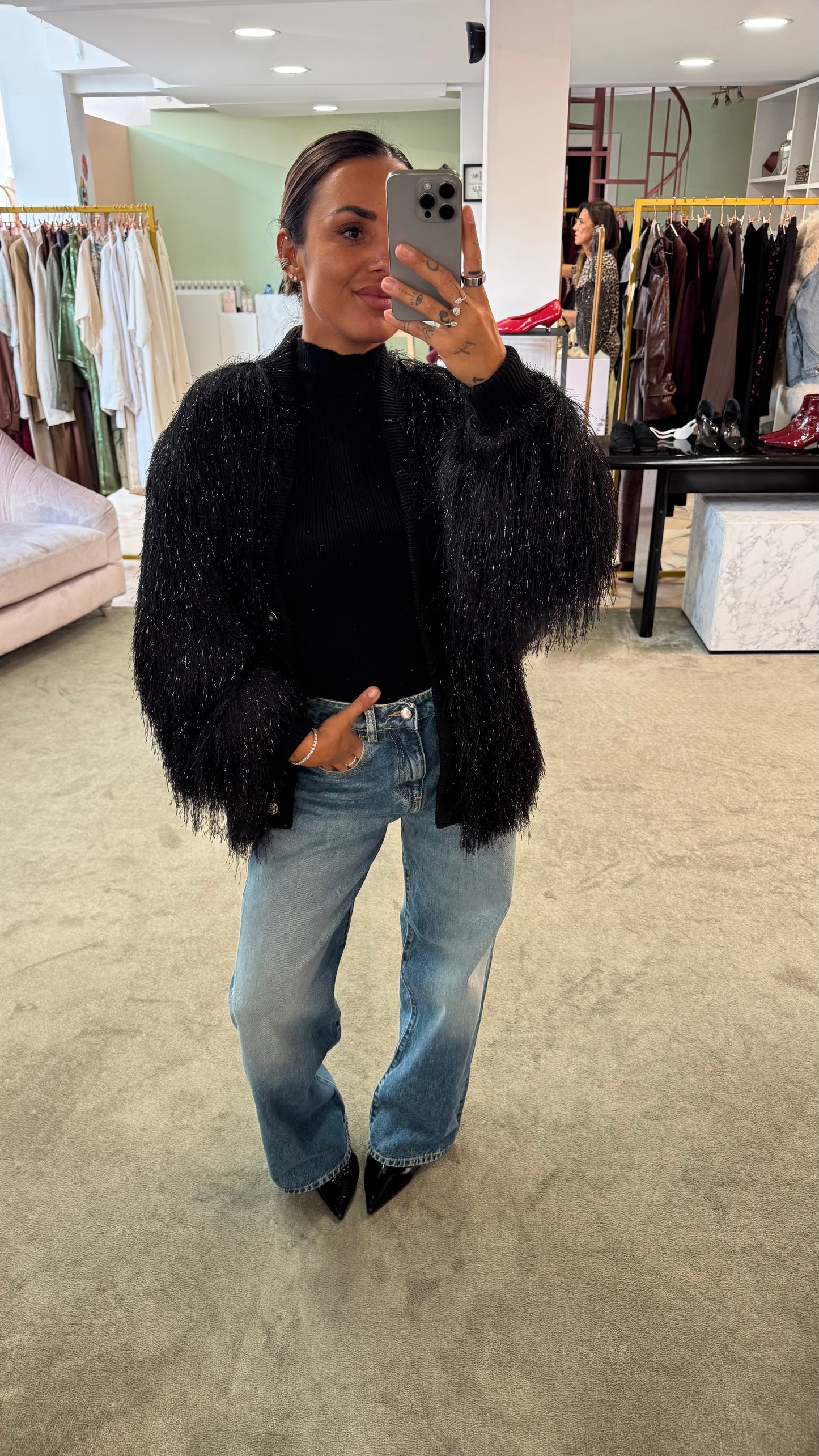 Cardigan bomber nero piume Actualee