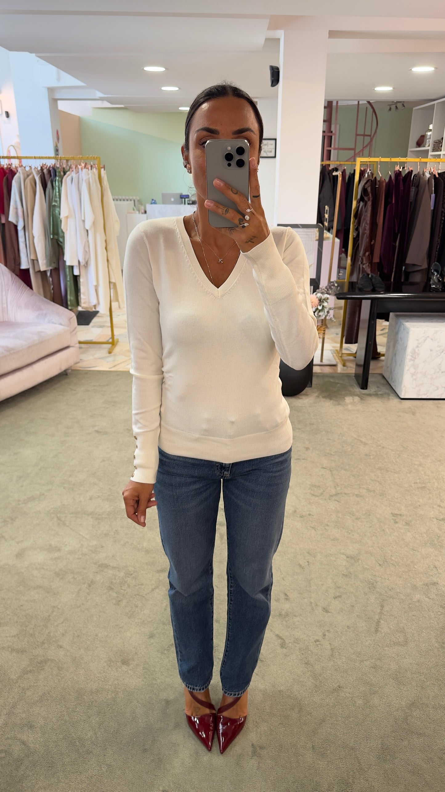 Maglione panna scollo a v in viscosa fr