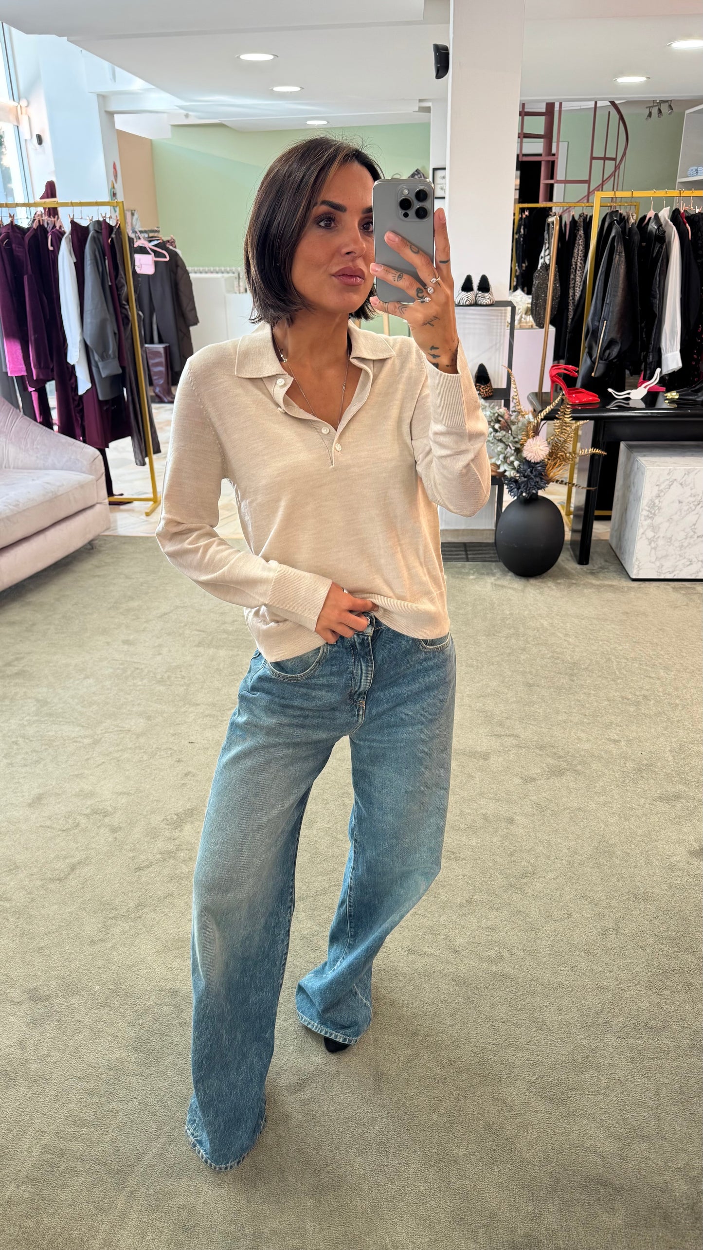 Polo beige maniche lunghe in lana sl