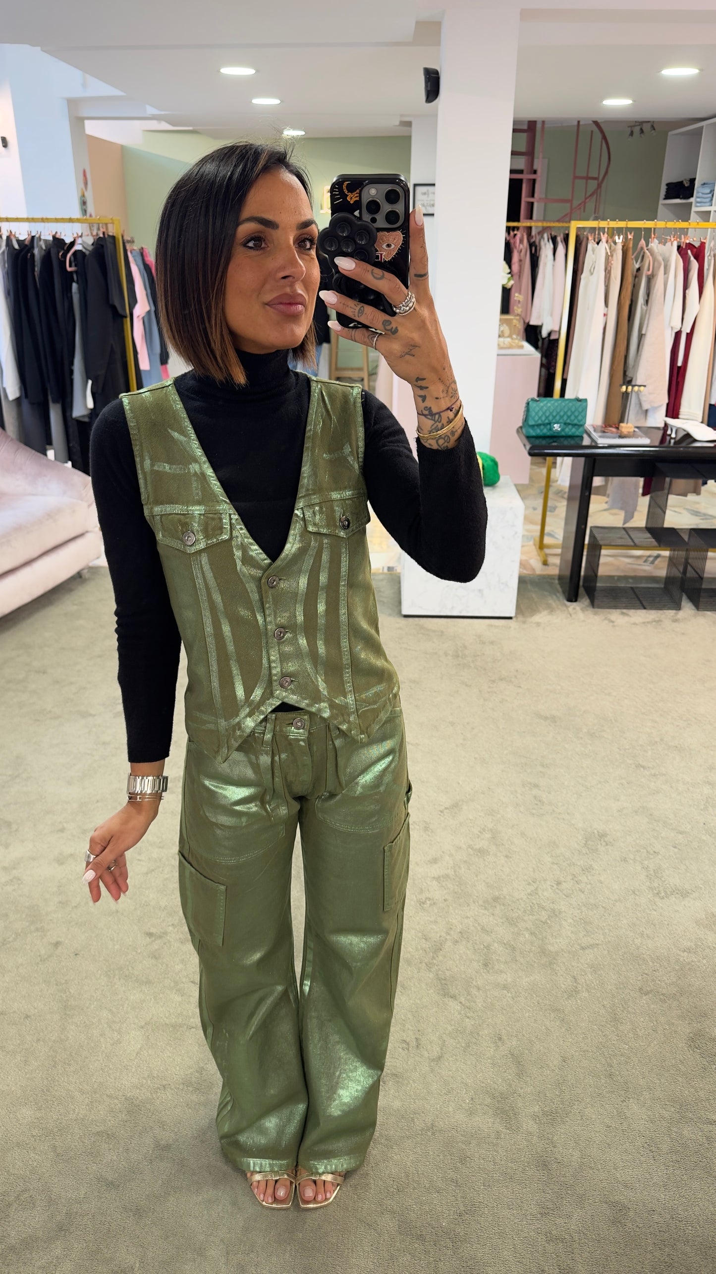 Pantaloni cargo laminati verde militare Don't@me
