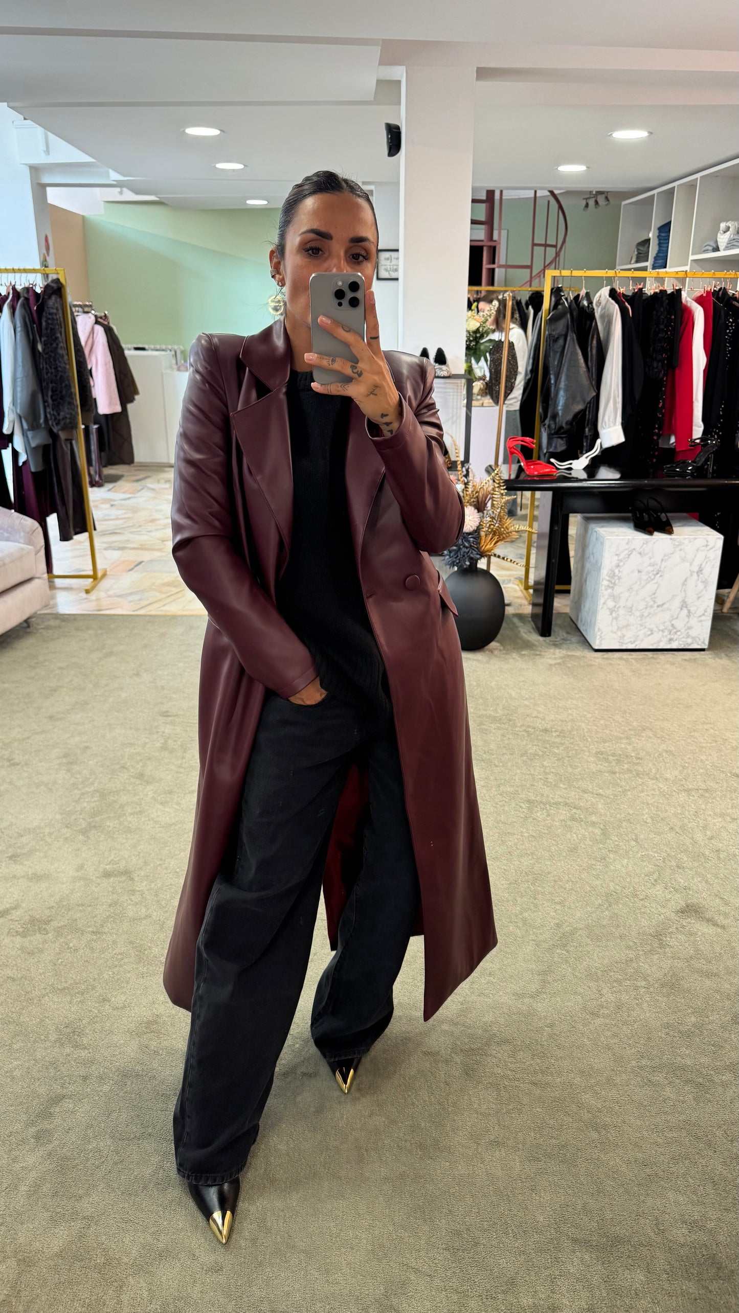 Cappotto lungo ecopelle bordeaux ks