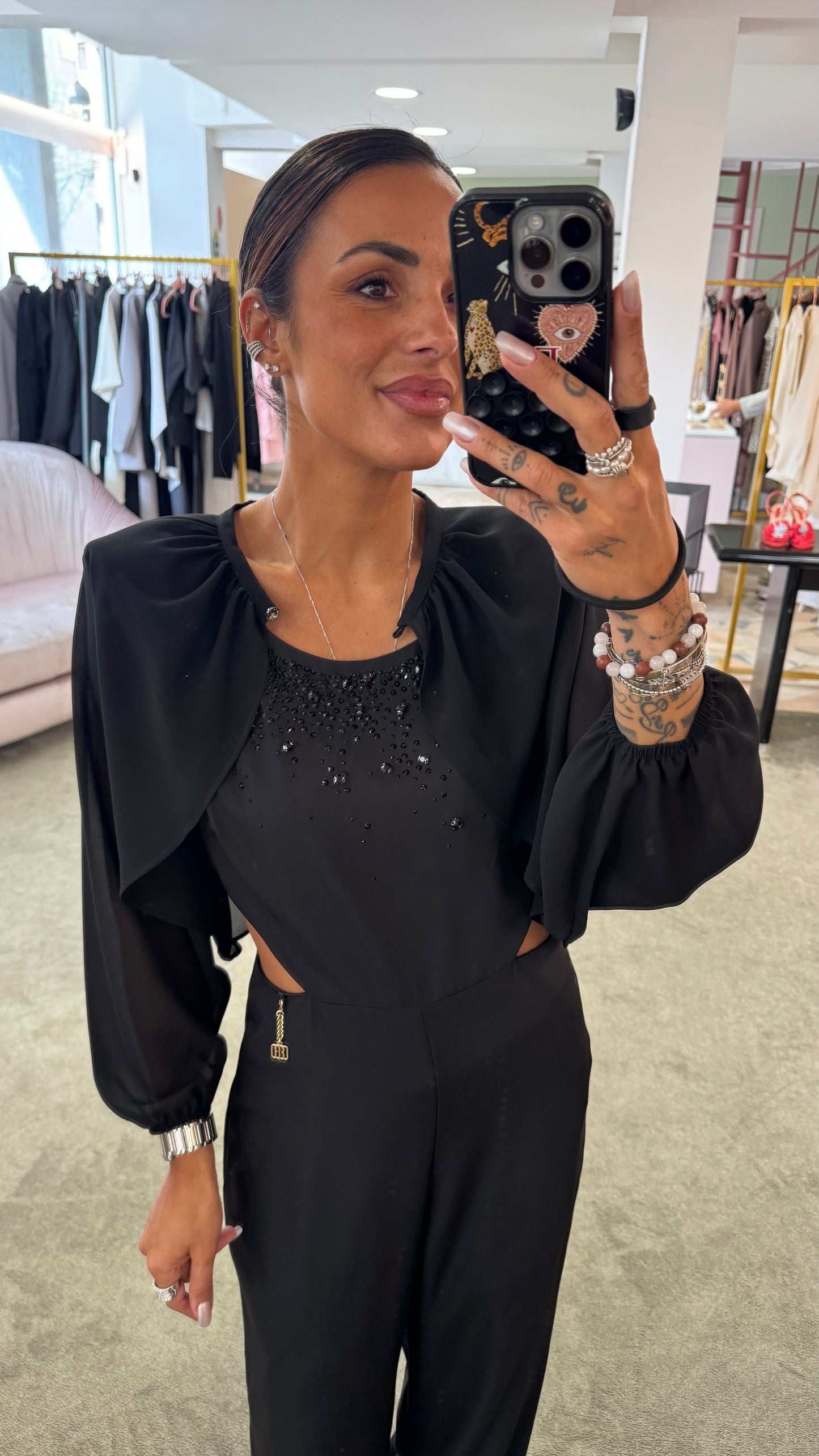 Jumpsuit nera con cristalli fr