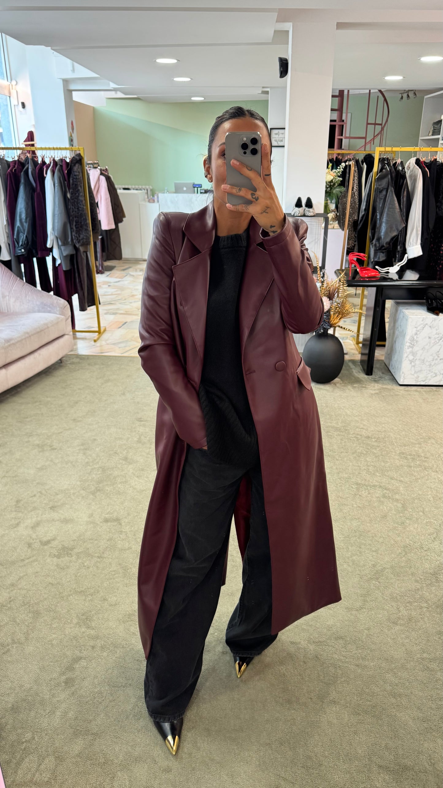 Cappotto lungo ecopelle bordeaux ks