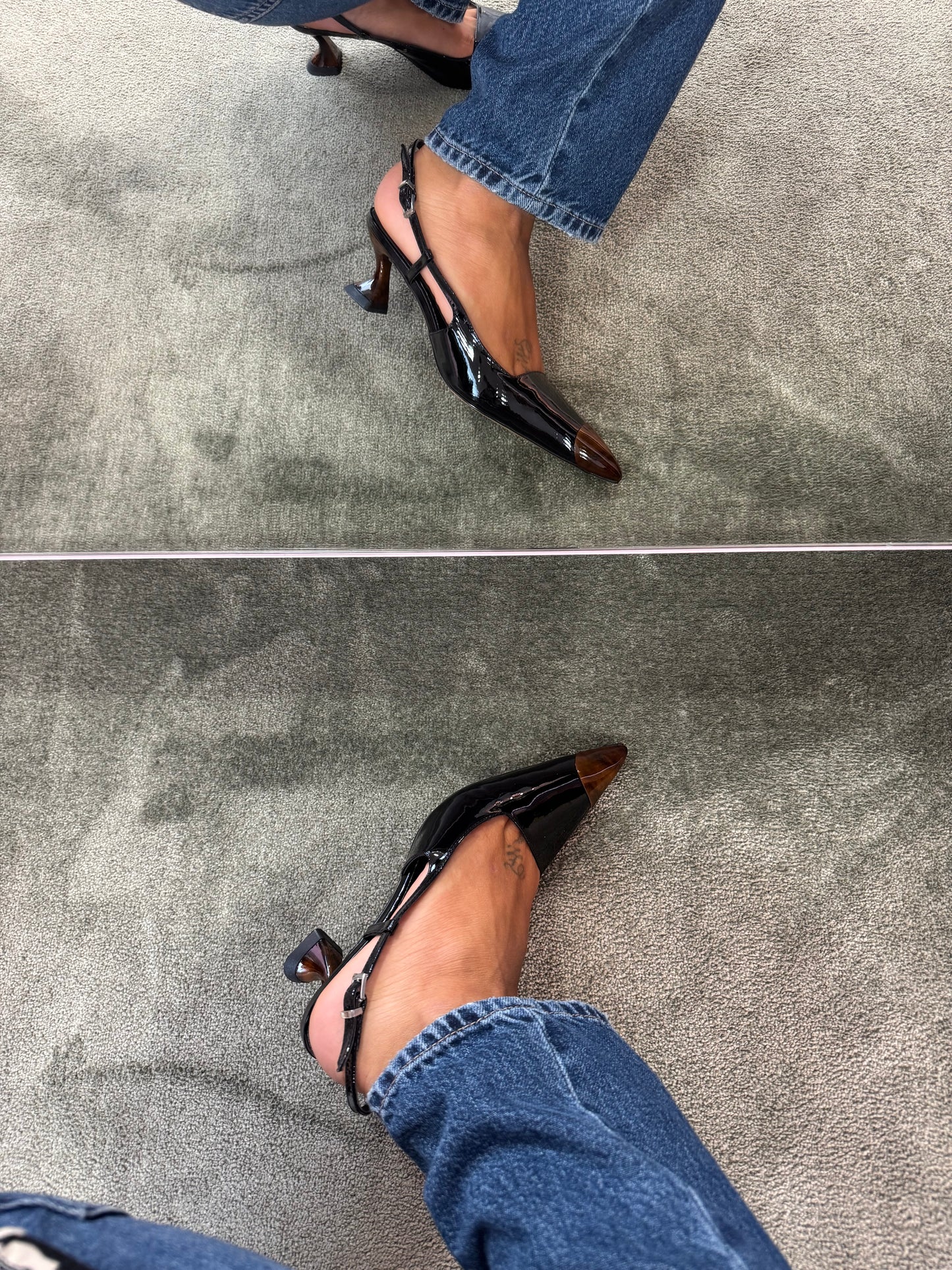 Slingback nera in vernice con punta tartarugata